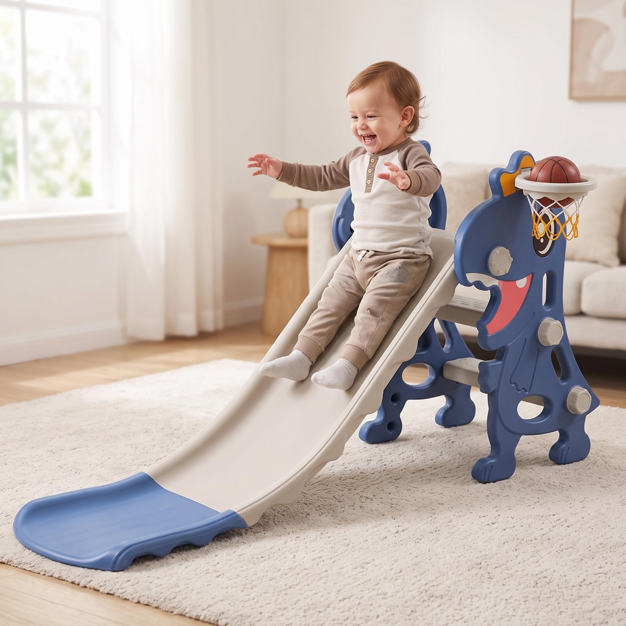 Scivolo per Bambini Pieghevole con da Basket e Palla - Scivolo Dinosauro in Plastica per Bambini 3-6 Anni, Rosa
