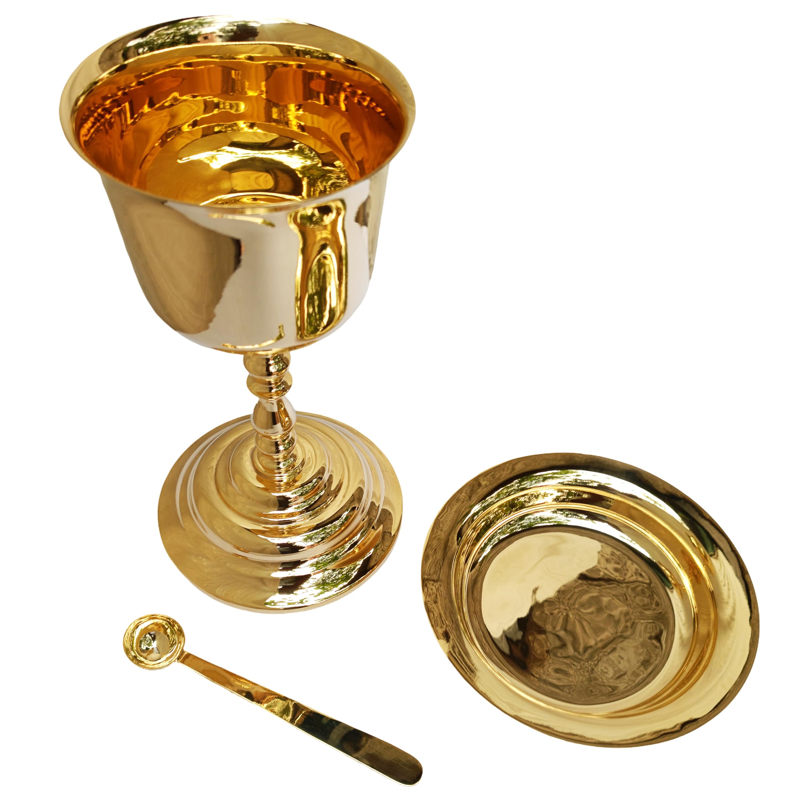 Catholic Gold Plated Chalice Set for Holy Mass, 9 Inch Brass Eucharistic Chalice with Paten and Spoon for Church Altar Worship from HOLY Grace Industries ALP