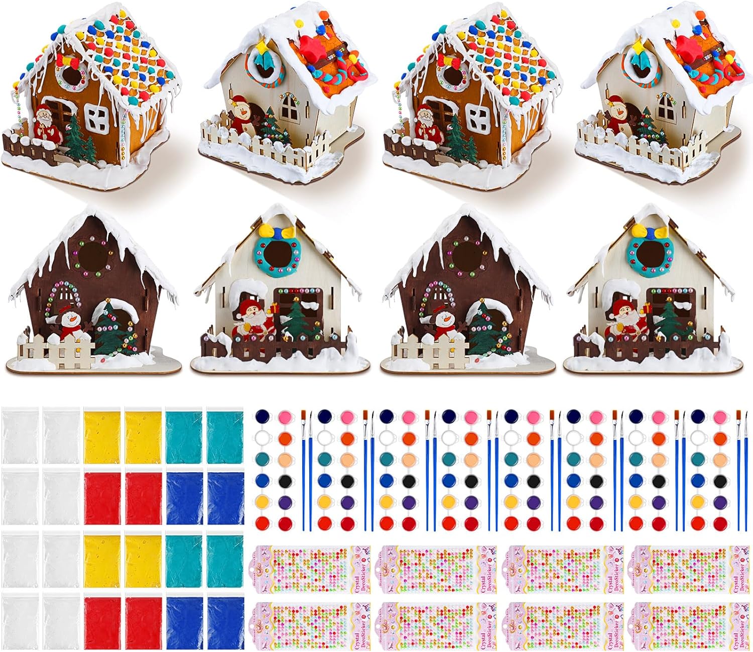 Poen 4 Sets Christmas Gingerbread House Craft Kit Bulk, Christmas DIY Crafts Include Wooden Gingerbread House, Paint, Paintbrush, Stickers, Clay for Xmas Party Craft Supplies