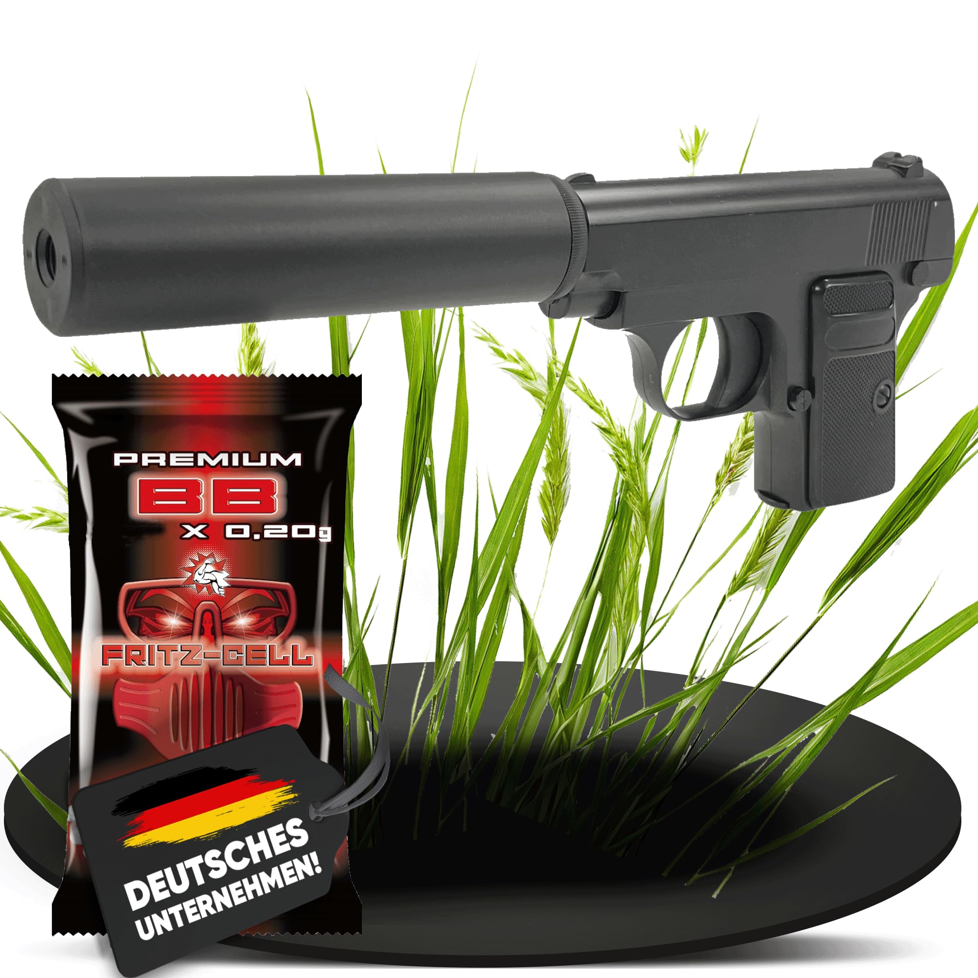 Set: Fritz-Cell Airsoft Pistole Federdruck Softair 0,5 Joule, inkl. 100 x 6 mm BB Soft-Air Kugeln schwere Ausführung (G1A) mit Schalldämpfer