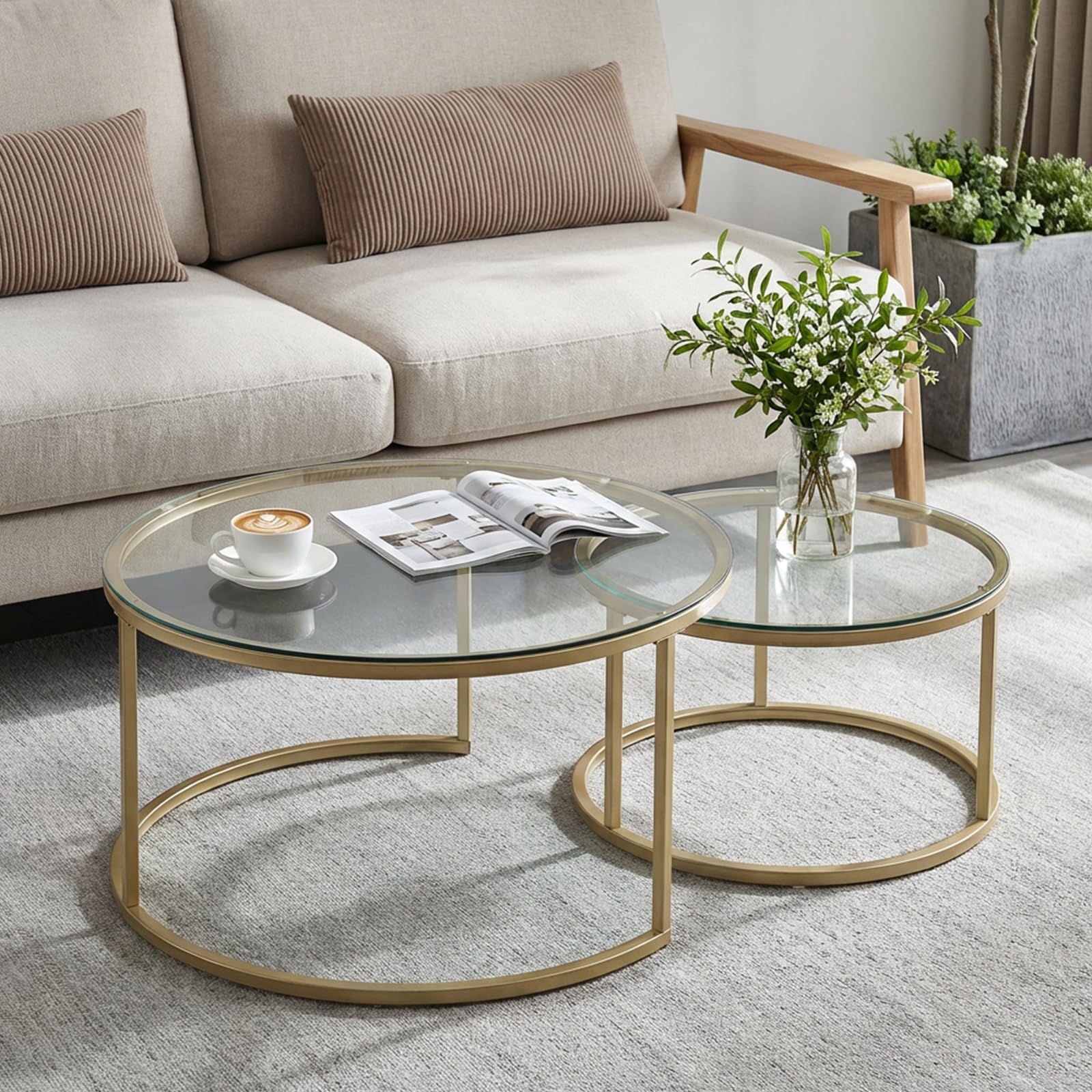 buybyroom Round Nest of Tables Set of 2, Round Coffee Table for Living Room, Gold Coffee Table, Suitable for Living Room, Bedroom and Balcony, Tempered Glass Tabletop, Golden Frosted Iron Frame, Gold