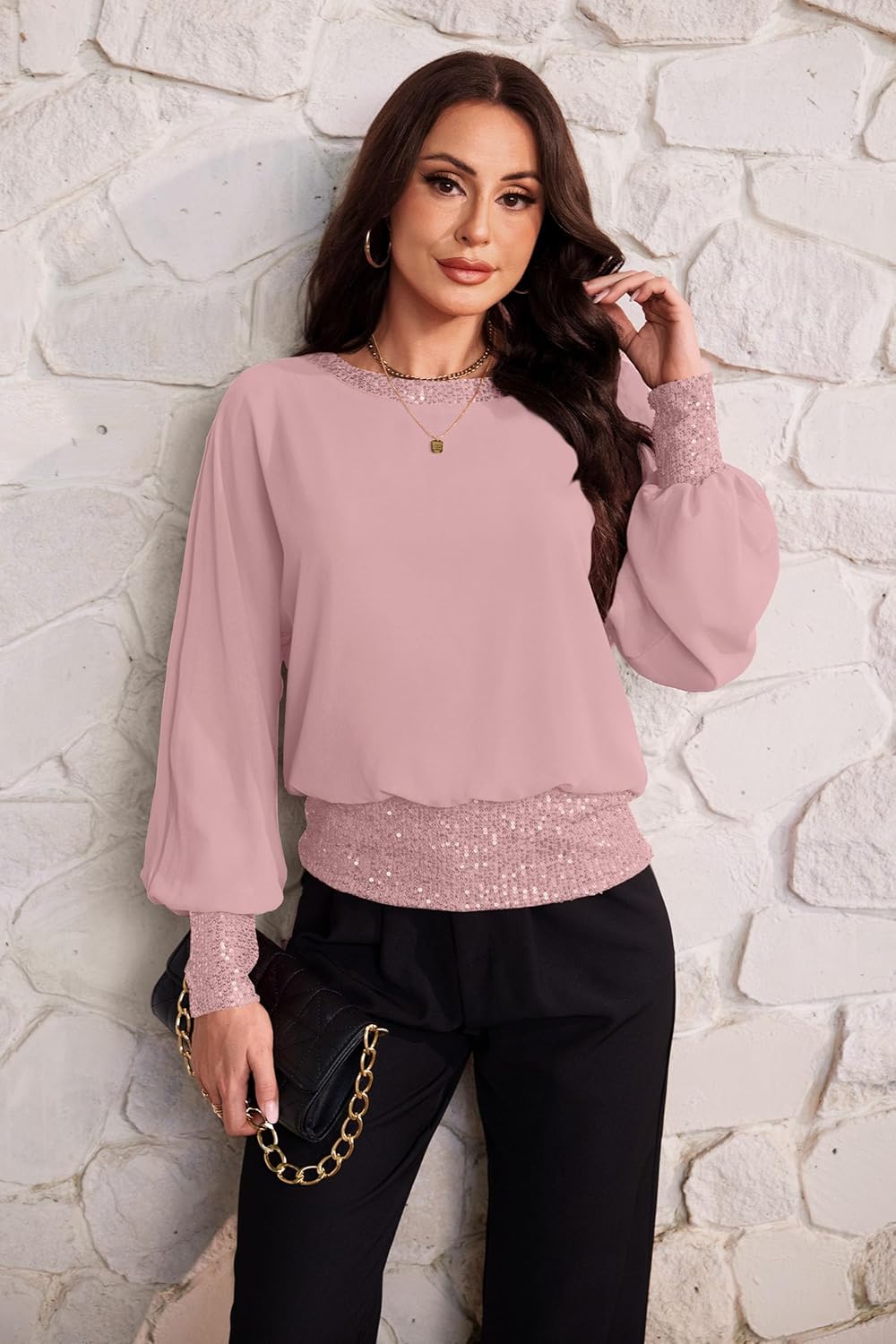 For G and PL Women's Dressy Sequin Formal Top Long Sleeve Chiffon Shirt Blouses - Image 3