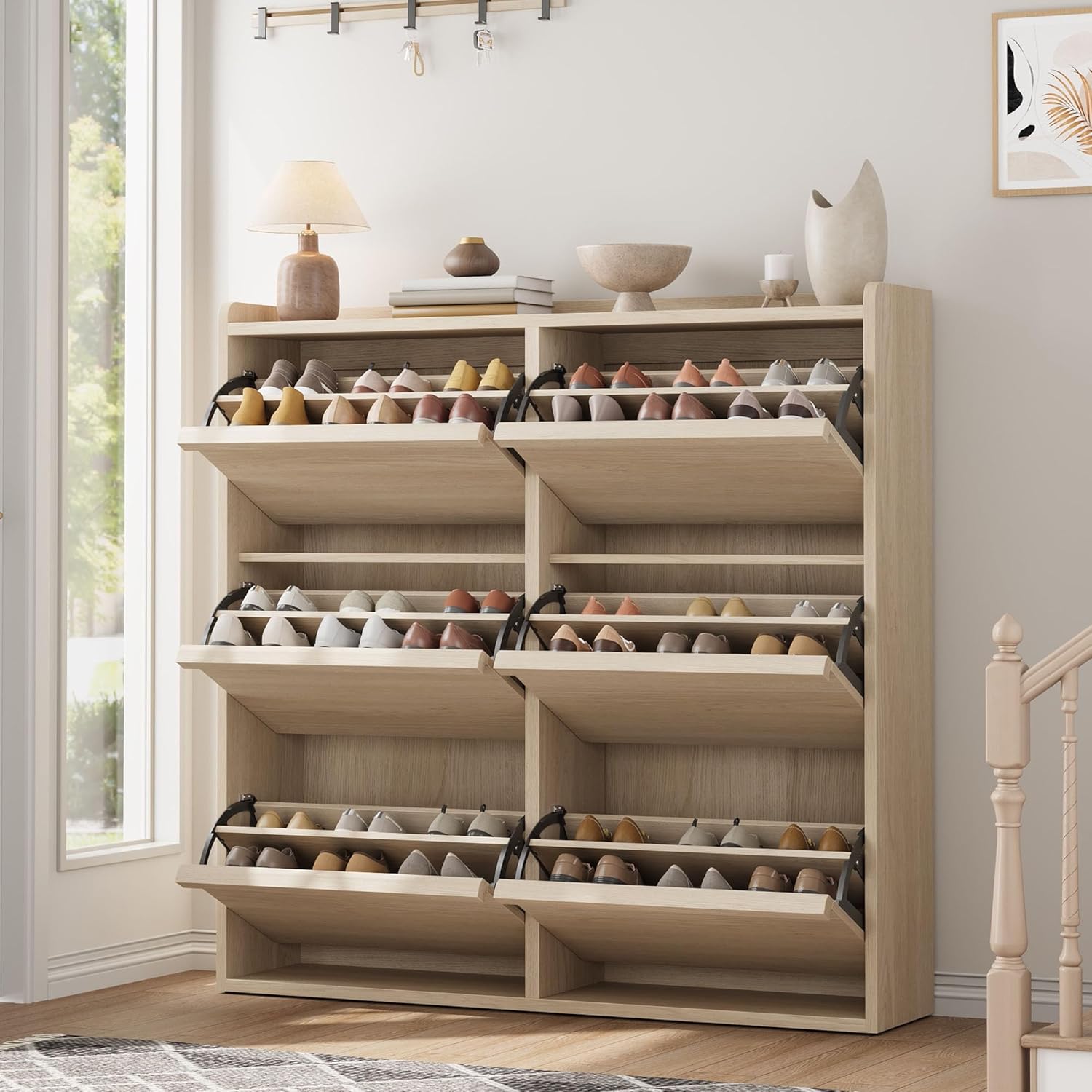 GarveeHome Shoe Cabinet with 6 Flip Drawers, Wooden Shoe Organizer Cabinet with Adjustable Shelf, Shoe Storage for Entryway, Hidden Shoe Cabinet for Hallway, Living Room, Natural Oak