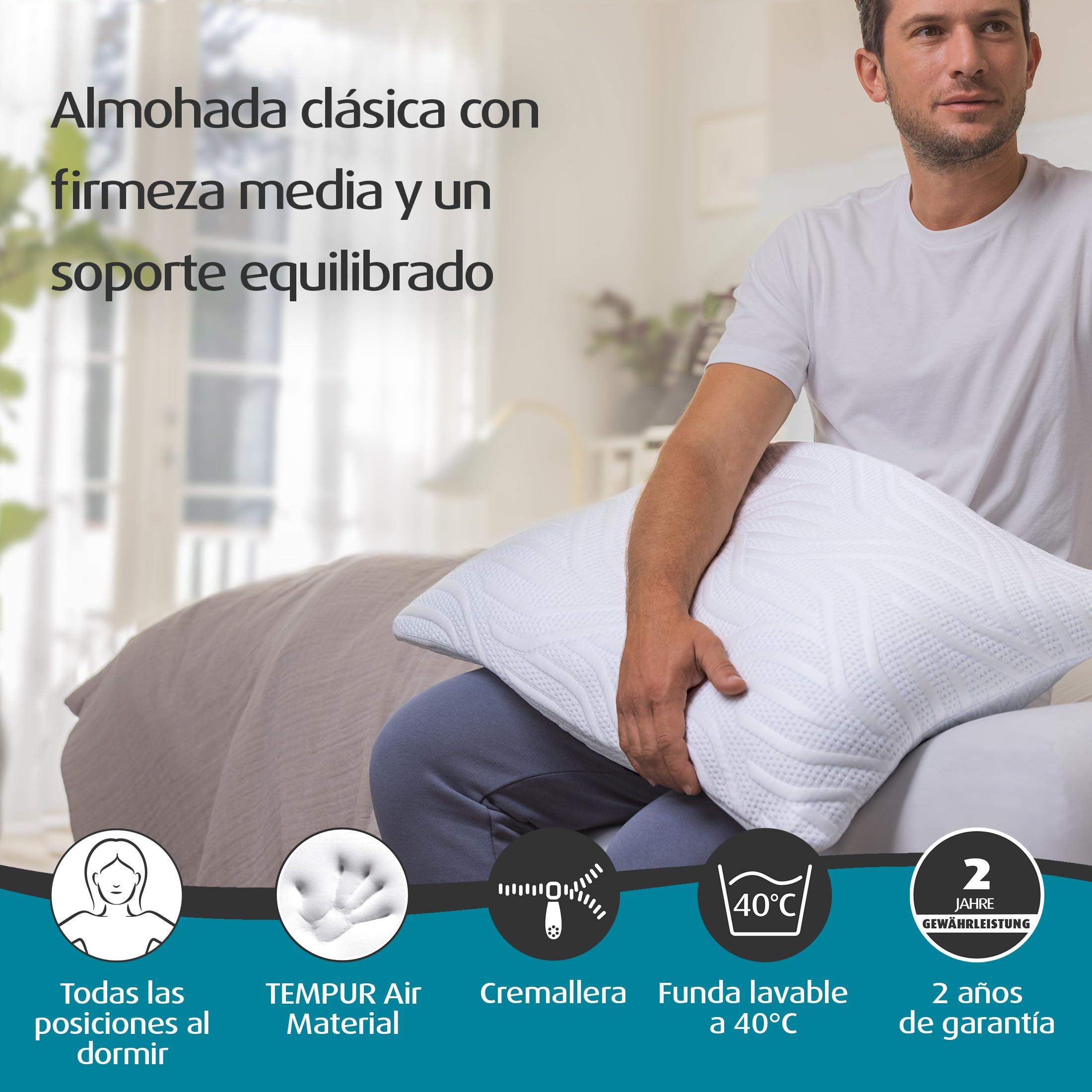 TEMPUR Almohada Comfort Air Soft, sensación Suave, 40 x 80 cm, Blanca | Almohada transpirable para cualquier posición de descanso, con certificación OEKO-TEX® MADE IN GREEN.