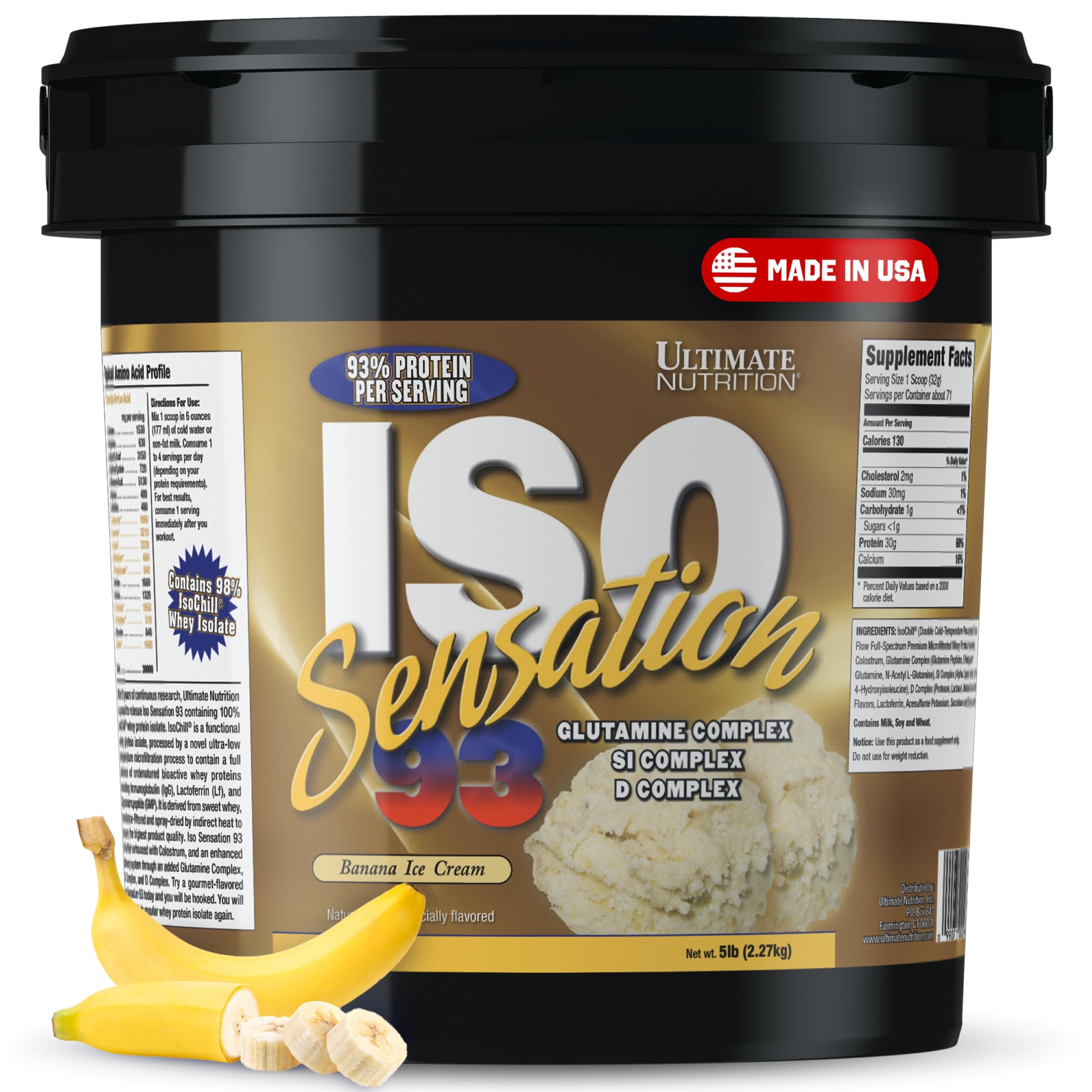 Aislado de proteína de suero en polvo con complejo de glutamina, ISO Sensation 93 de Ultimate Nutrition: proteína de suero en polvo con calostro añadido para una mejor recuperación, inmunidad y salud intestinal - Plátano, 2,27 kg