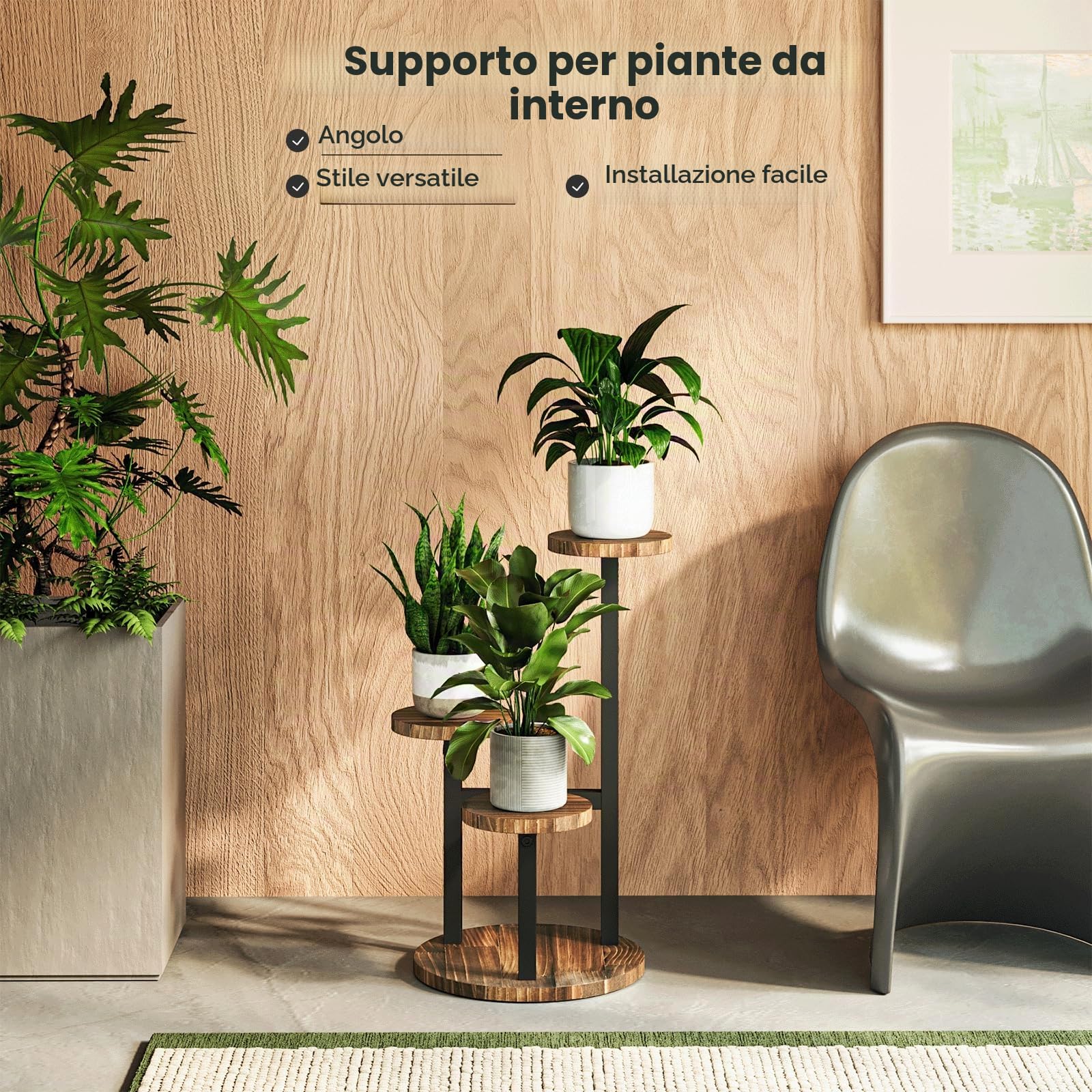 Bamworld, supporto per piante da angolo, in metallo e legno, scaffale per piante da interno, supporto per piante alte da esterno, tavoli per piante, scaffale per piante da interno, supporto a 3