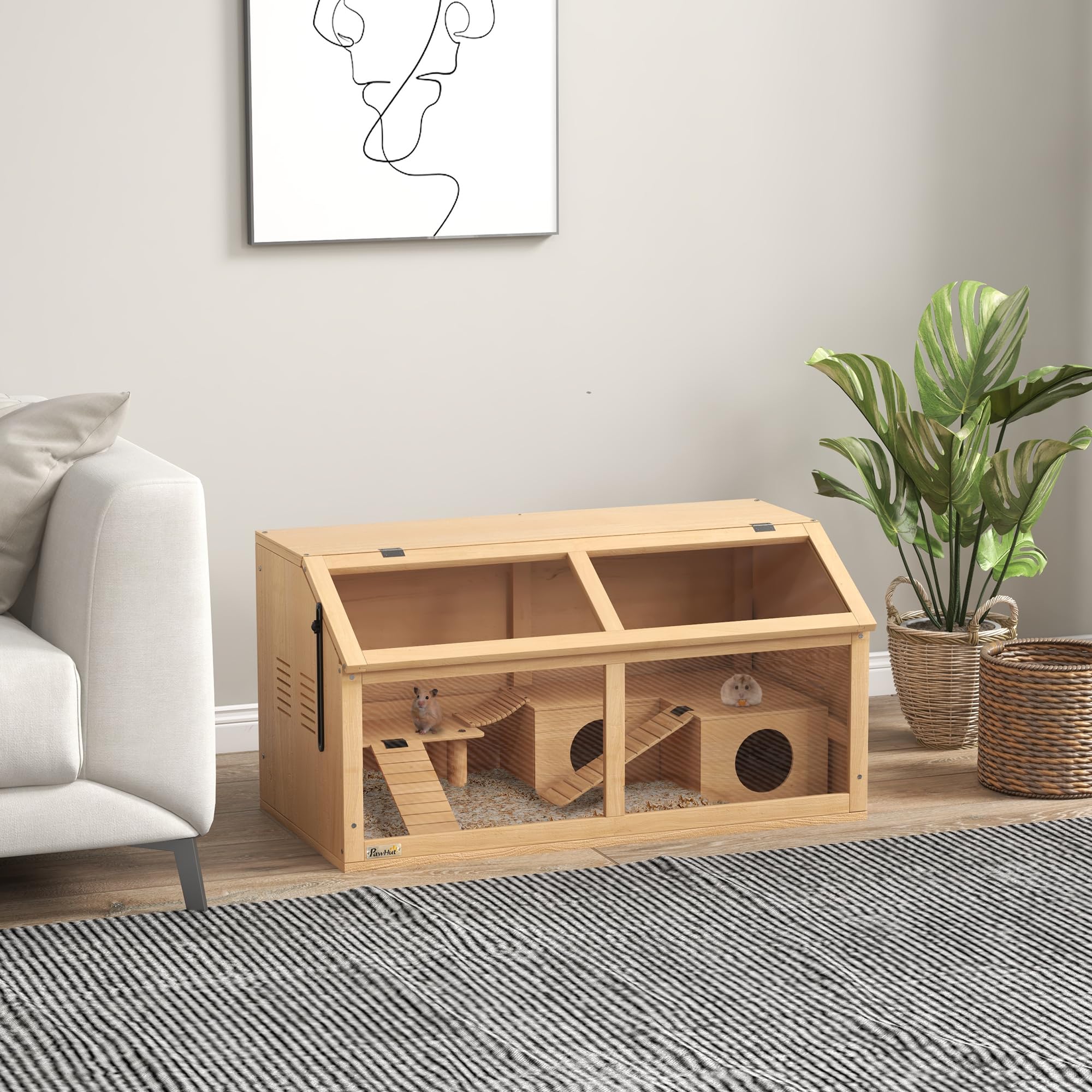 PawHut Cage Hamster en Bois avec Acrylique, 85x45x44cm - Habitat Grand pour Rongeur avec Ventilation, Couvercle ouvrant et Accessoires - Terrarium pour gerbilles et Souris, Effet Bois Naturel