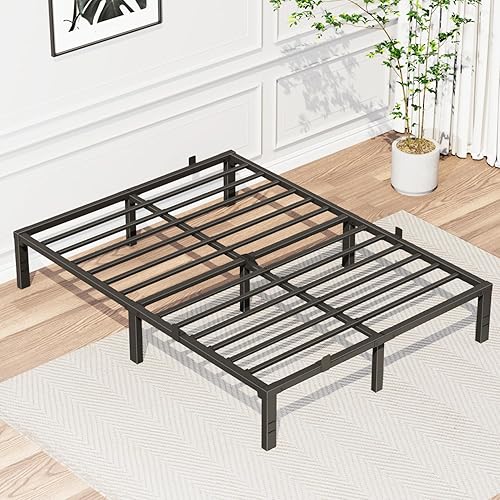 JUNHEDAMAI 14 Inch Full Size Bed Frame, Heavy Duty Metal Platform Bed Frame Full Size with Fixed Buckle, Storage Space Under Frame, No Screws Required, No Box Spring Needed, Black