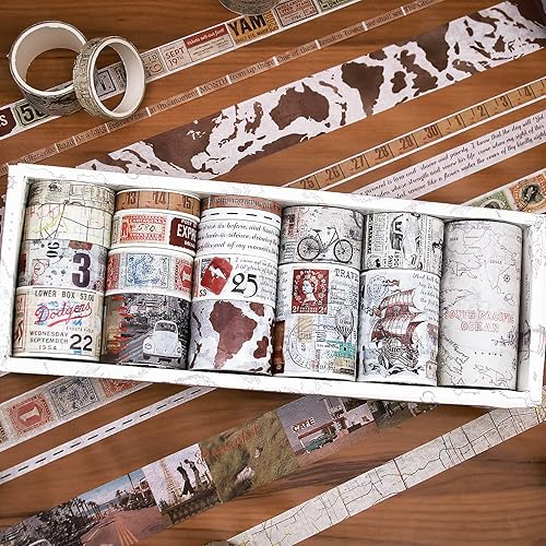 Miniatura 5 de Juego de 18 rollos de cinta washi vintage y 15 calcomanías de mapa, 755030252015100.197 in, sellos, letras antiguas, vacaciones, carteles, cinta