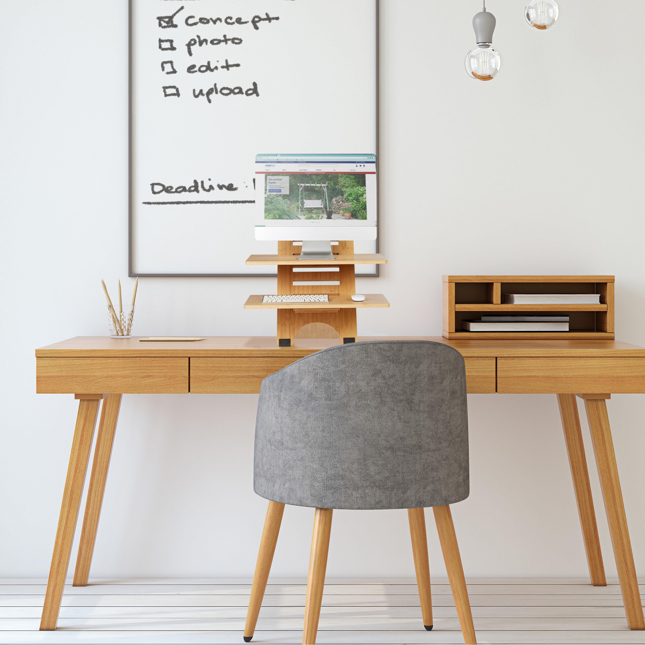 Relaxdays Stehschreibtisch Aufsatz, höhenverstellbar, 2 Ablagen, Bambus, Schreibtischaufsatz, stehend Arbeiten, Natur