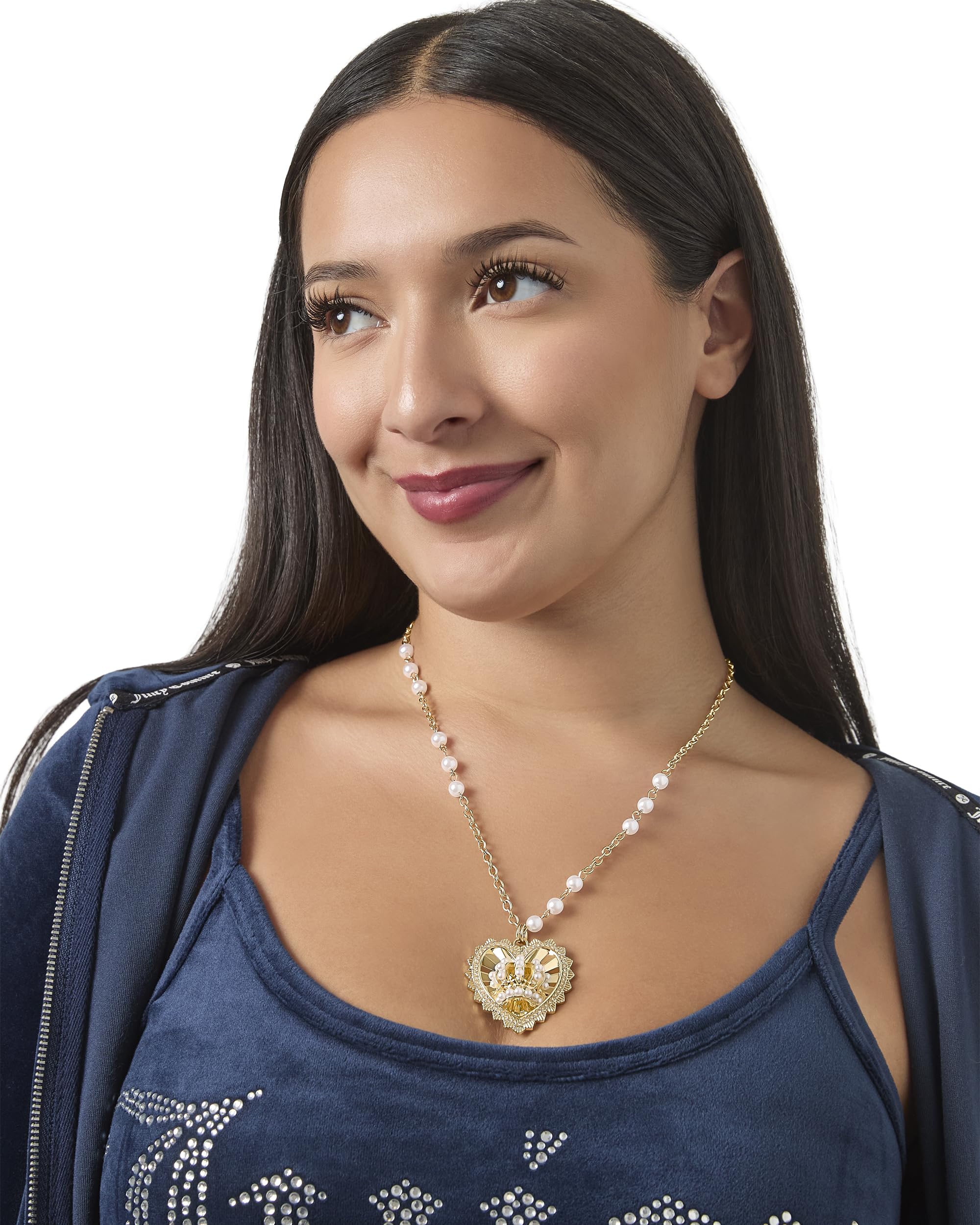 Juicy Couture Logo Crown Heart Necklace for Women, 20"+2" Gold-Tone with Crystals and Faux Pearls