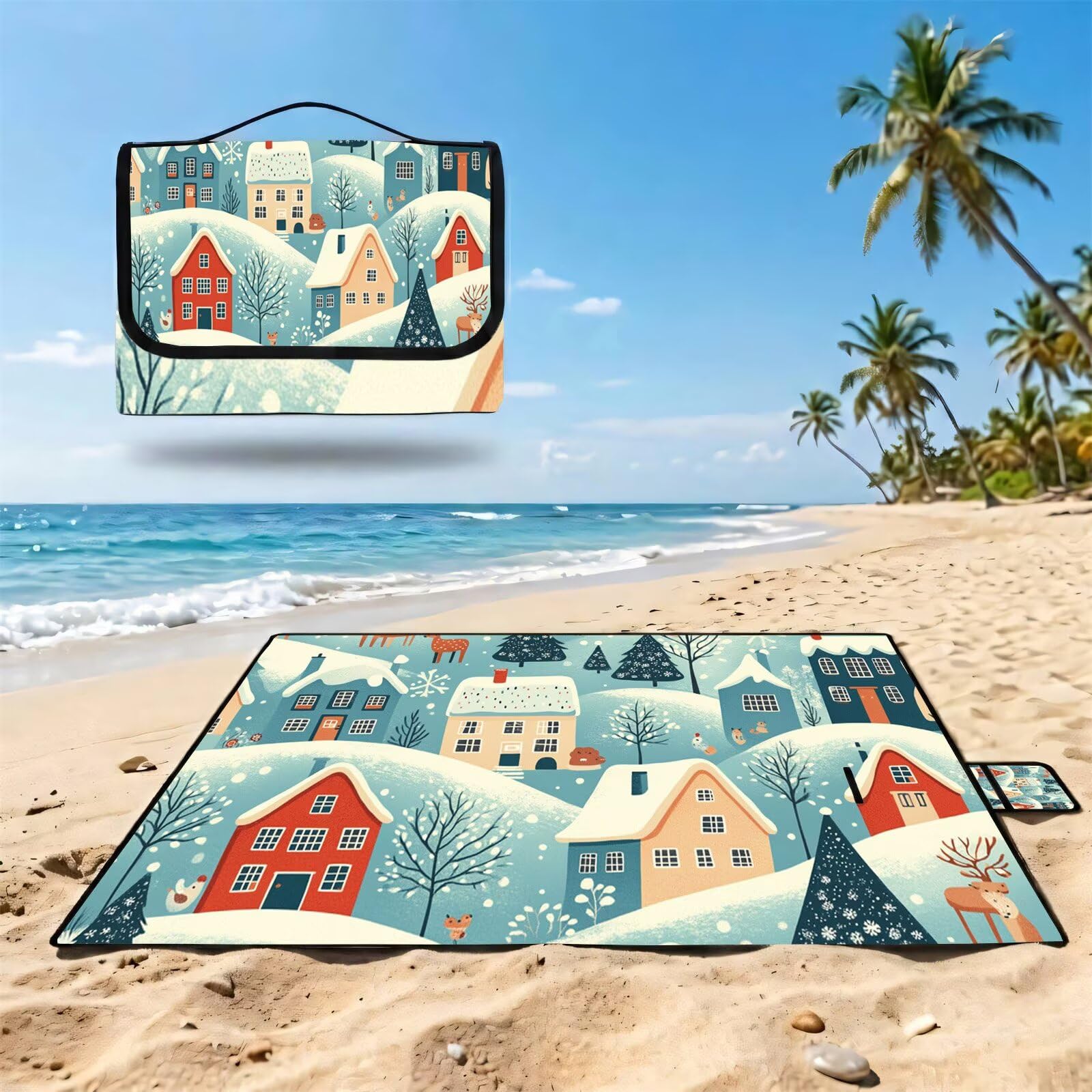 Coperta de Picnic 150x200 cm, albero di Natale in inverno Manta Picnic Impermeable Anti-Sabbia Manta de Playa Pieghevole, Outdoor Picnic Blanket per Spiaggia, Camping, Giardino, Trekking - FZ-108