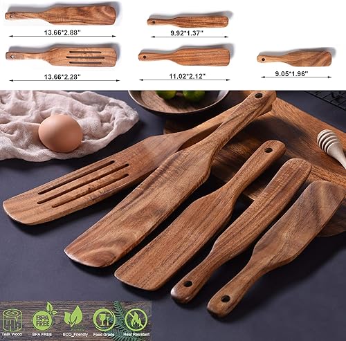 Miniatura 3 de Juego de estropajos, juego de 5 cucharas de madera para cocinar, espátula de madera de teca natural para cocinar, agitar, mezclar, servir,