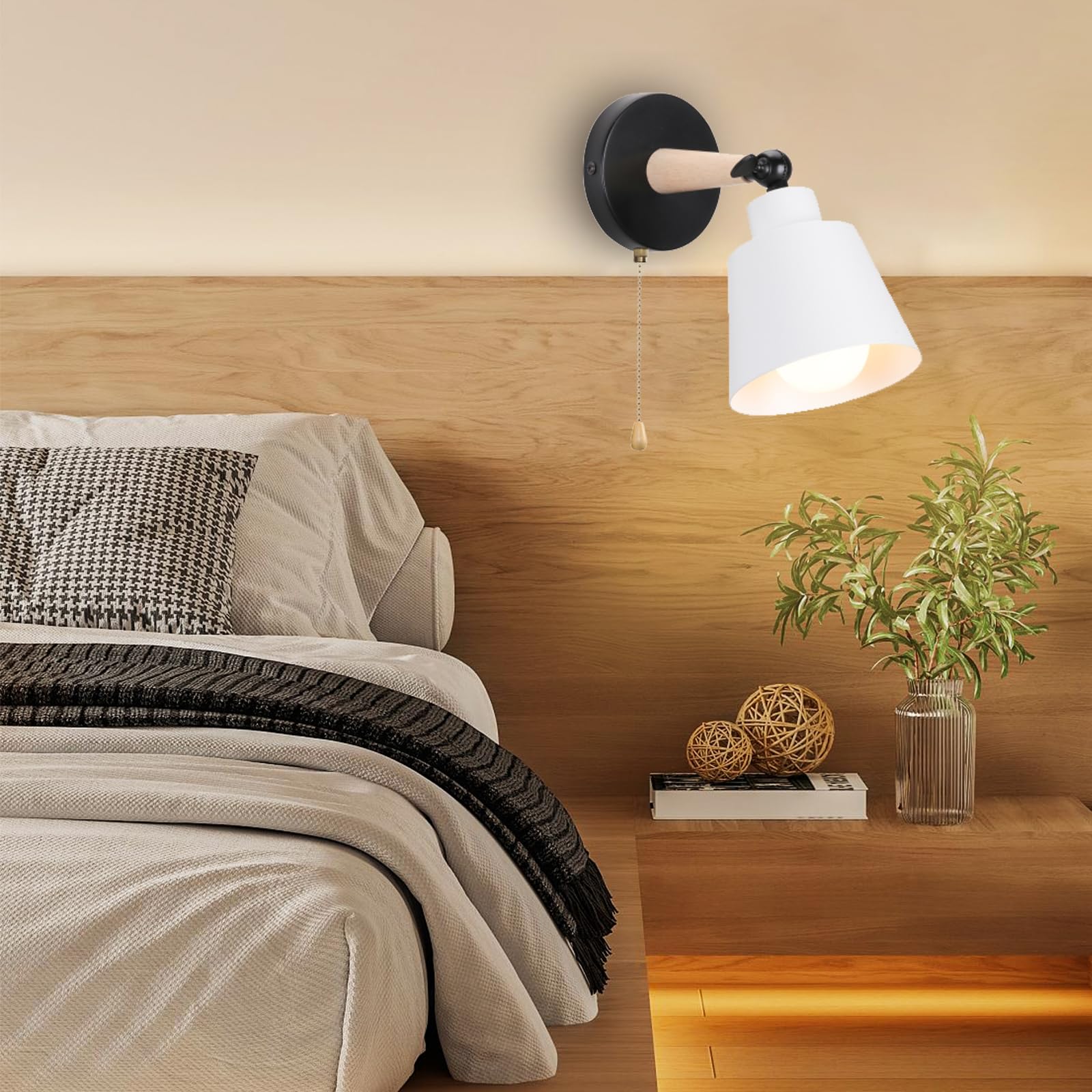 Applique Murale Intérieur avec Interrupteur, 2 Pack Vintage Lampe Murale E27 Bois Industrielle Luminaires Appliques pour Chambre Salon Couloir Blanc