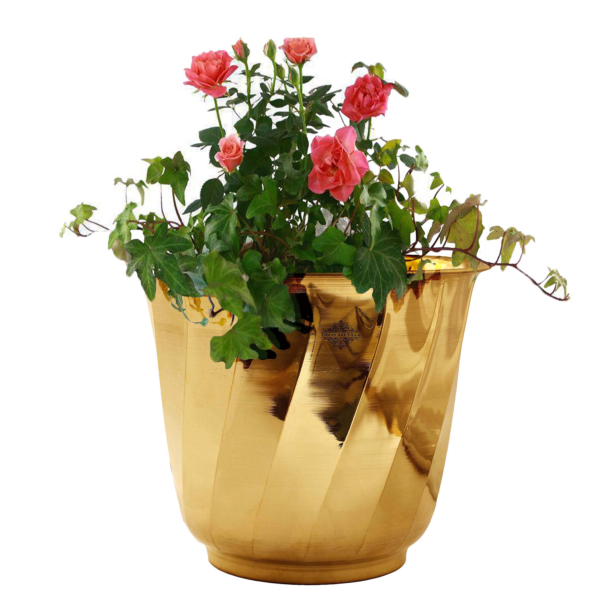 INDIAN ART VILLA Brass Lining Design Planter, Pure Brass, Home Decor, Planting, Indoor and Outdoor Use, Size - 10x12 Inches-image-33