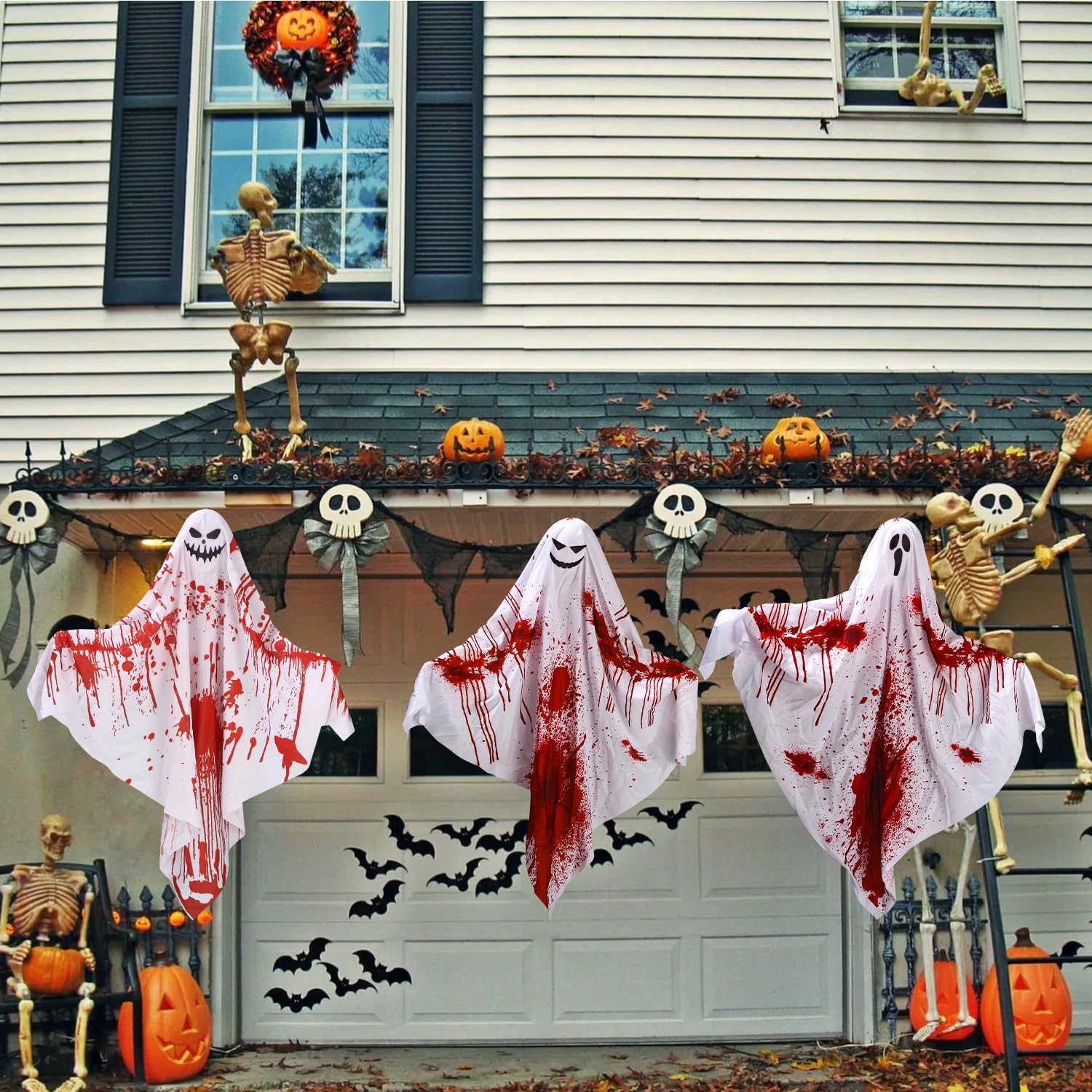 2 Stück Halloween Hänge Geist Mit LED Lichtern, Gruselige Windsack, Hängende Dekorationen für Vorgarten, Terrasse, Rasen, Garten, Partydekor