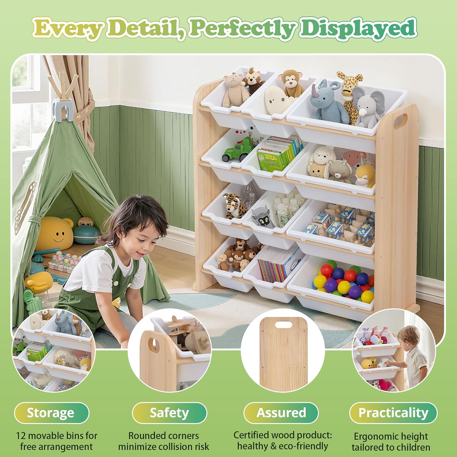 VECELO Kids Bookshelf Toy Storage with 12 Bins, Wooden Toy Rack for Toddlers, Large-Capacity Playroom Storage for Books, Toys, and Stuffed Animals, Natural Wood Finish