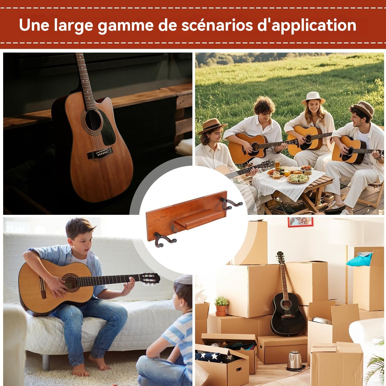 Soporte De Pared Para Guitarra Montaje Pared, Compacto, Estable, Gran | Estante De Madera Para Guitarra Eléctrica Organizador resistente multinstrumento compatible con eléctrica, acústic