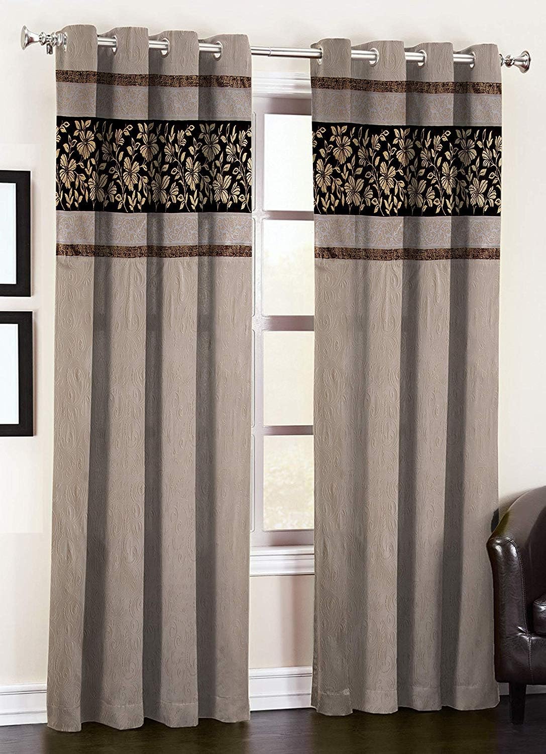 DIZEN Star Set of 2 Jacquard Patch with Long Crush Floral Punch Eyelet Curtains (Window - 4 x 5 Feet, Cream)