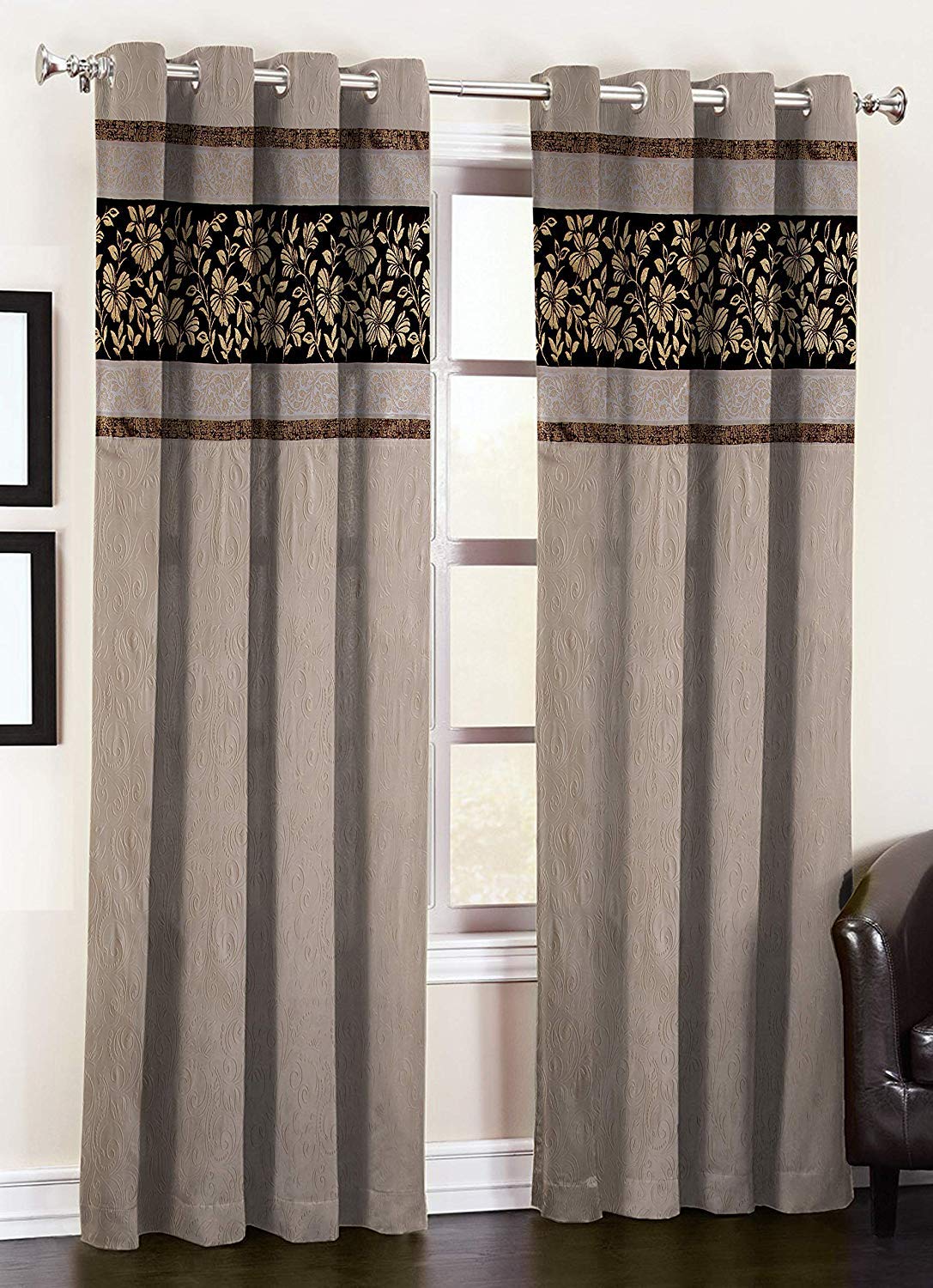 DIZEN Star Set of 2 Jacquard Patch with Long Crush Floral Punch Eyelet Curtains (Window - 4 x 5 Feet, Cream)