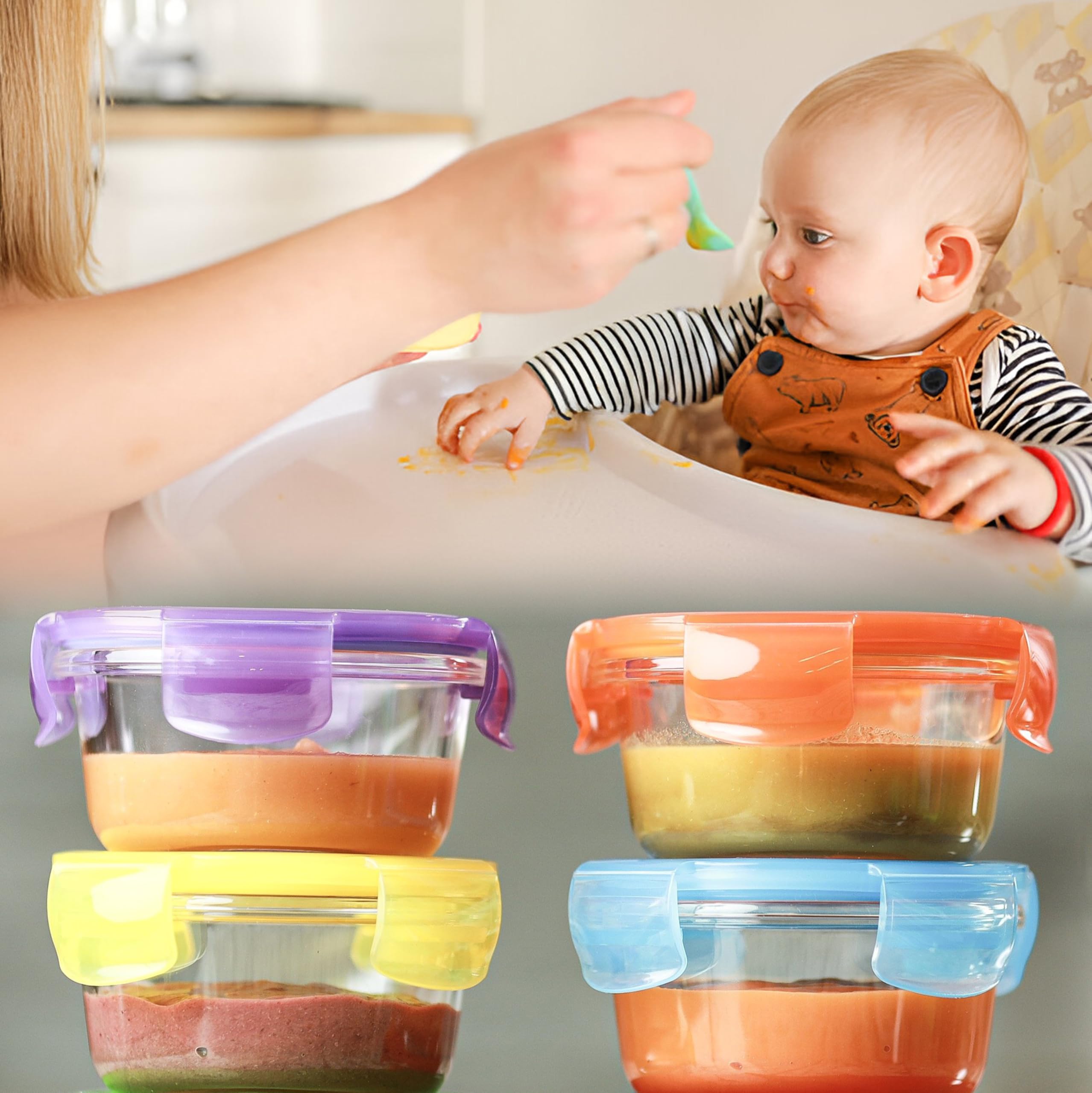 ARSUK Contenitori Alimentari Vetro Ermetici bambini, Vasetti Conservazione Pappe, Contenitori di alimenti impilabili e agganciabili, Privi di BPA (6pcs x 200ml Rotondi)