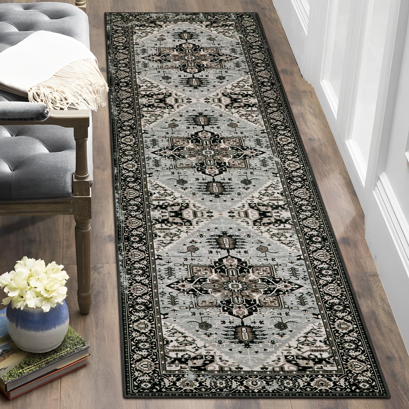 Lahome Boho Runner Rug - 2x6 Washable Hallway Runner Rugs, Non-Slip Low-Pile Soft Kitchen Rug Runner Laundry Room Rug, Vintage Throw Entry Foyer Mat Black Carpet for Entrance Bathroom Living Room