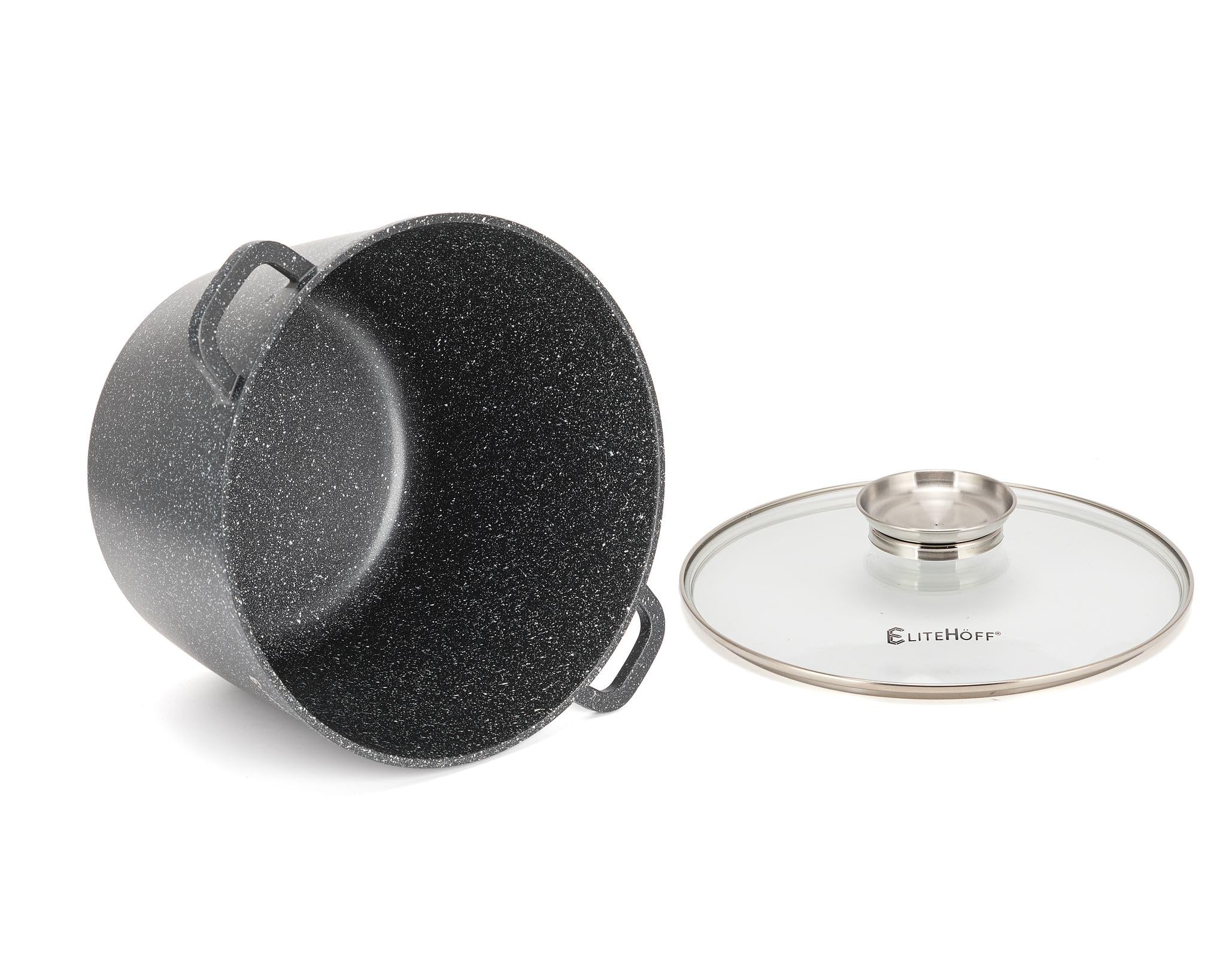 Olla de Cocina Antiadherente EliteHoff con Tapa, Olla de Aluminio para Sopa, Gran Olla de Mármol para Inducción, Olla de Inducción para Todo Tipo de Cocinas (Negro, 10L Ø 28cm)