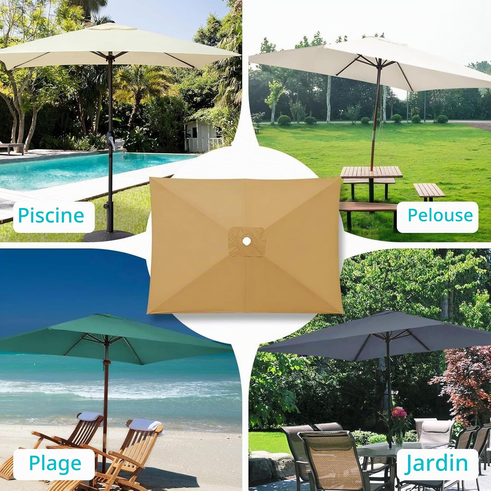 ESOYAWE 2x3m Auvent Housse De Rechange Pour Parasol Terrasse 6 Baleines, Rechange Toile De Parasol Jardin, Rectangulaire, Dessus De Parapluie Protection UV 50+, Tissus Pare-soleil Imperméable