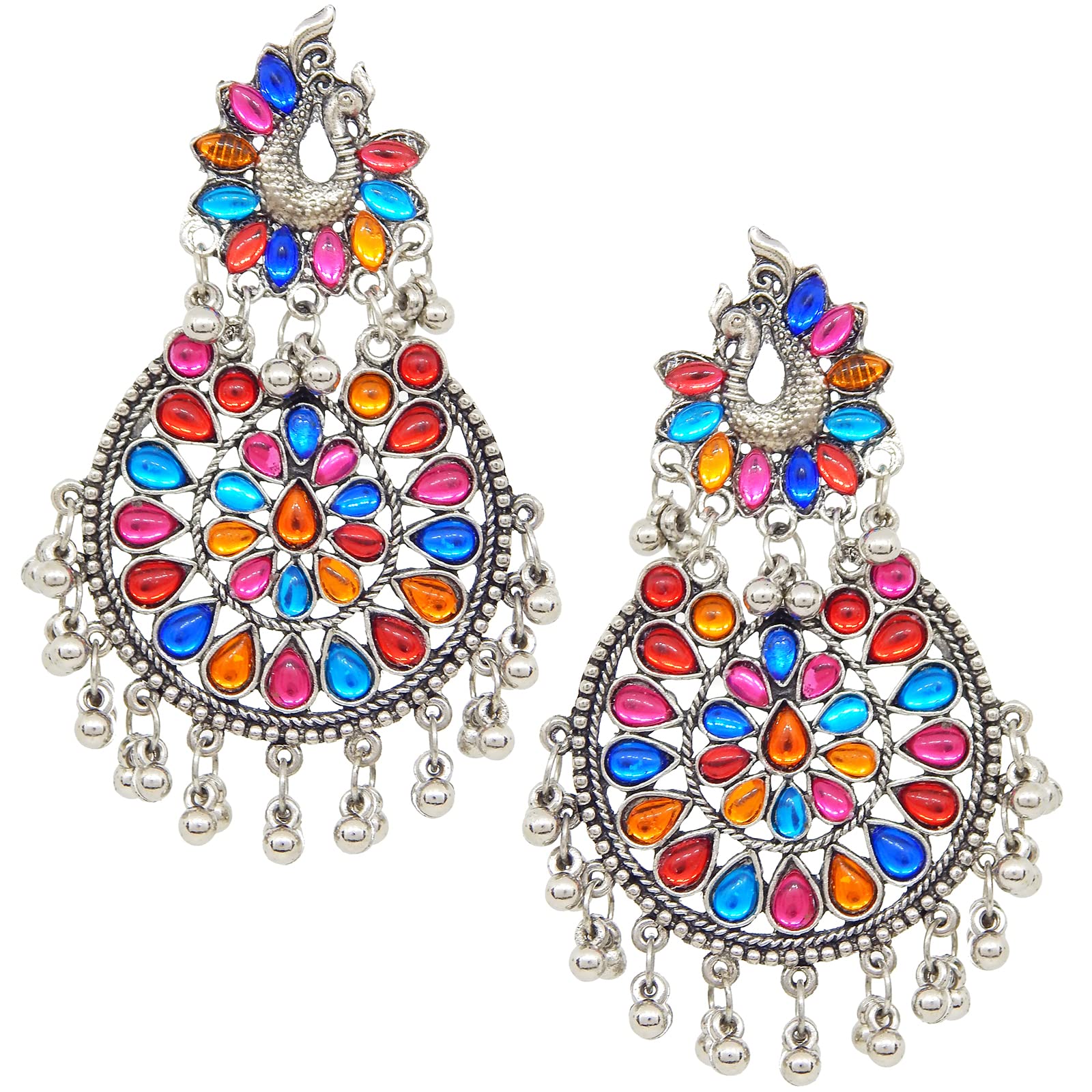 Fresh Vibes Multi-Color Peacock Womens Silver Oxidised Earrings | Trendy Long Big Size Antique Earings for Girls (B09P55ZGLP) Amazon Price History, Amazon Price Tracker