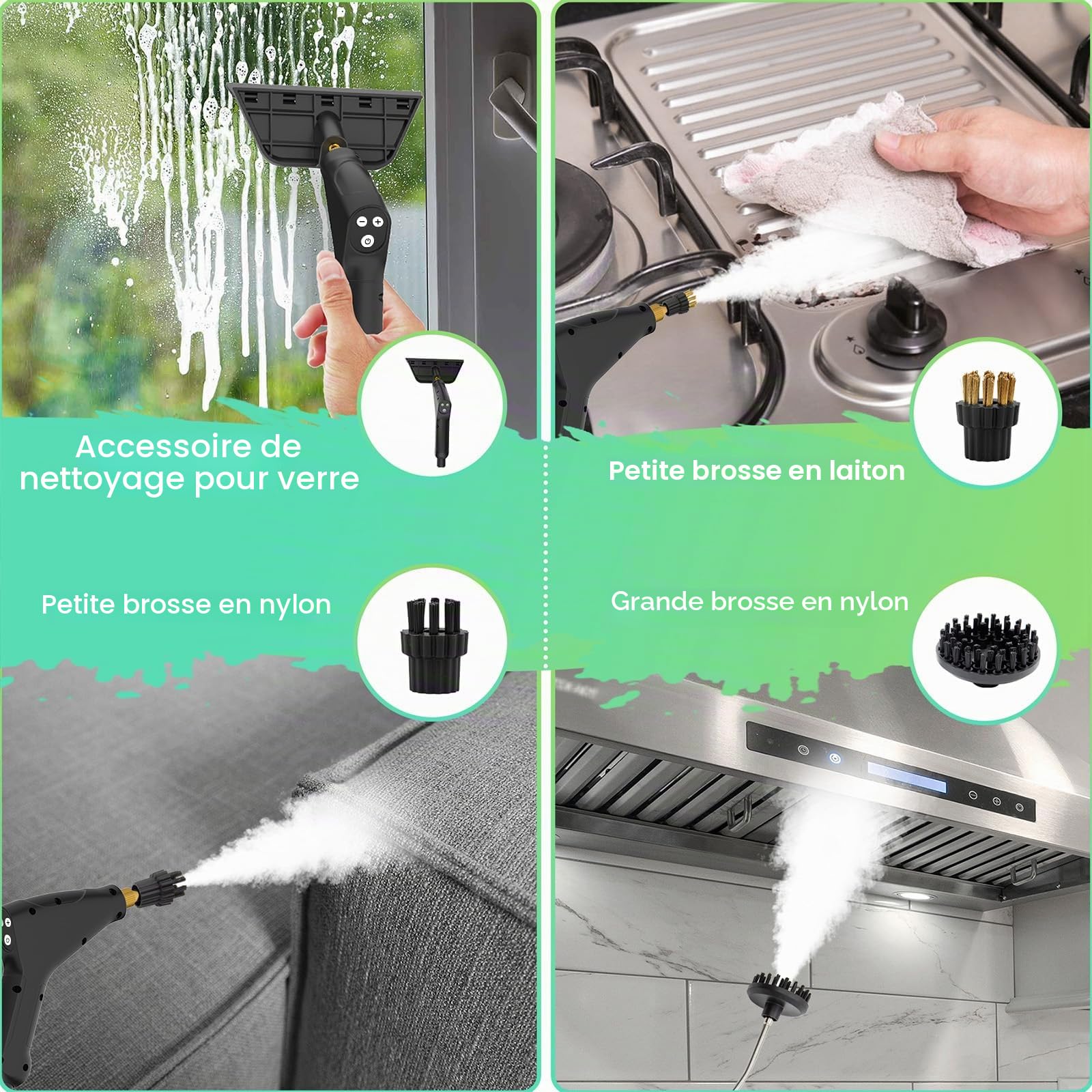 Nettoyeur Vapeur 2500W – 3 Bars, Chauffage 15S, Nettoyeur à Vapeur à Main avec Bouton Tactile Réglable, 4 Têtes de Brosse, Poignée Réglable 3 Niveaux, pour Cuisine, Salle de Bain, Voiture et Carrelag