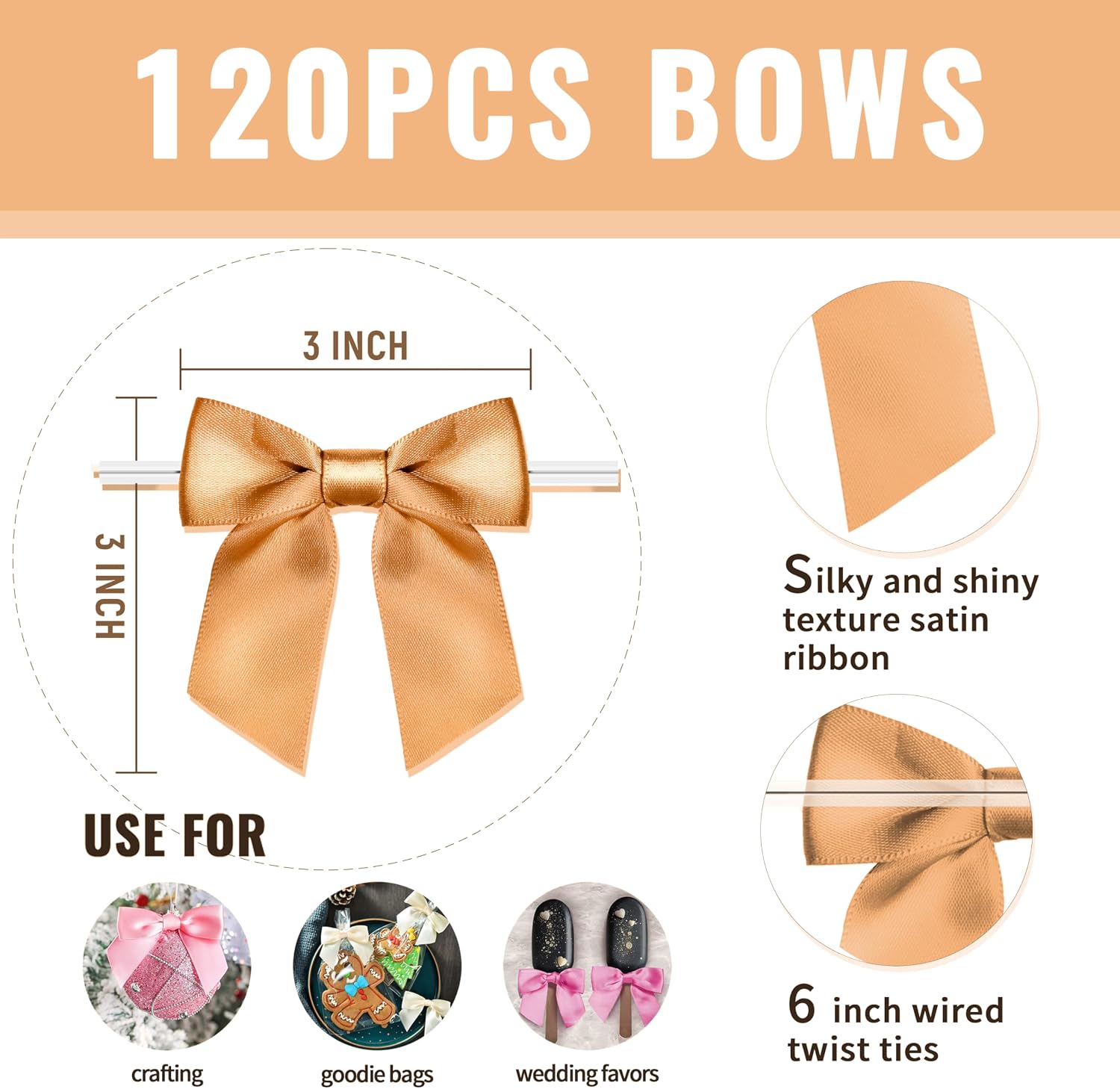 Rainbow Pana 120 Pack Gold Bows, Twist Tie Bows for Treat Bags 3" Gold Satin Ribbon Bows for Package Craft Gift Wrapping Decoration image 3