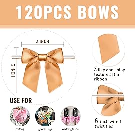 Rainbow Pana 120 Pack Gold Bows, Twist Tie Bows for Treat Bags 3 Gold Satin Ribbon Bows for Package Craft Gift Wrapping Decoration