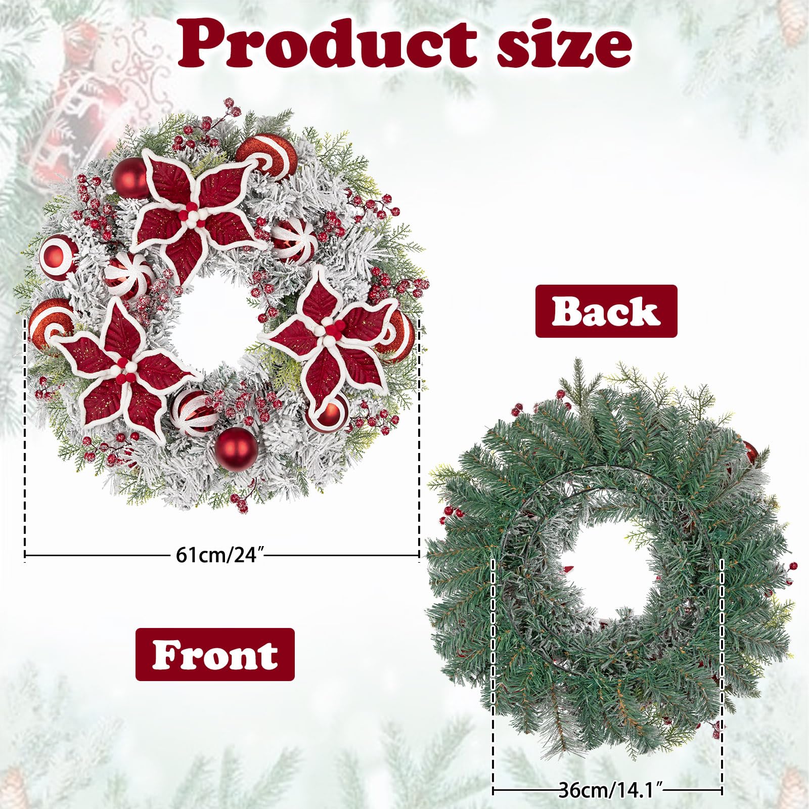Oairse Corona de Navidad de 24 pulgadas con flor de Pascua roja, adornos de bolas y caramelos, corona artificial grande para decoración de puerta delantera con pino nevado, guirnalda colgante de