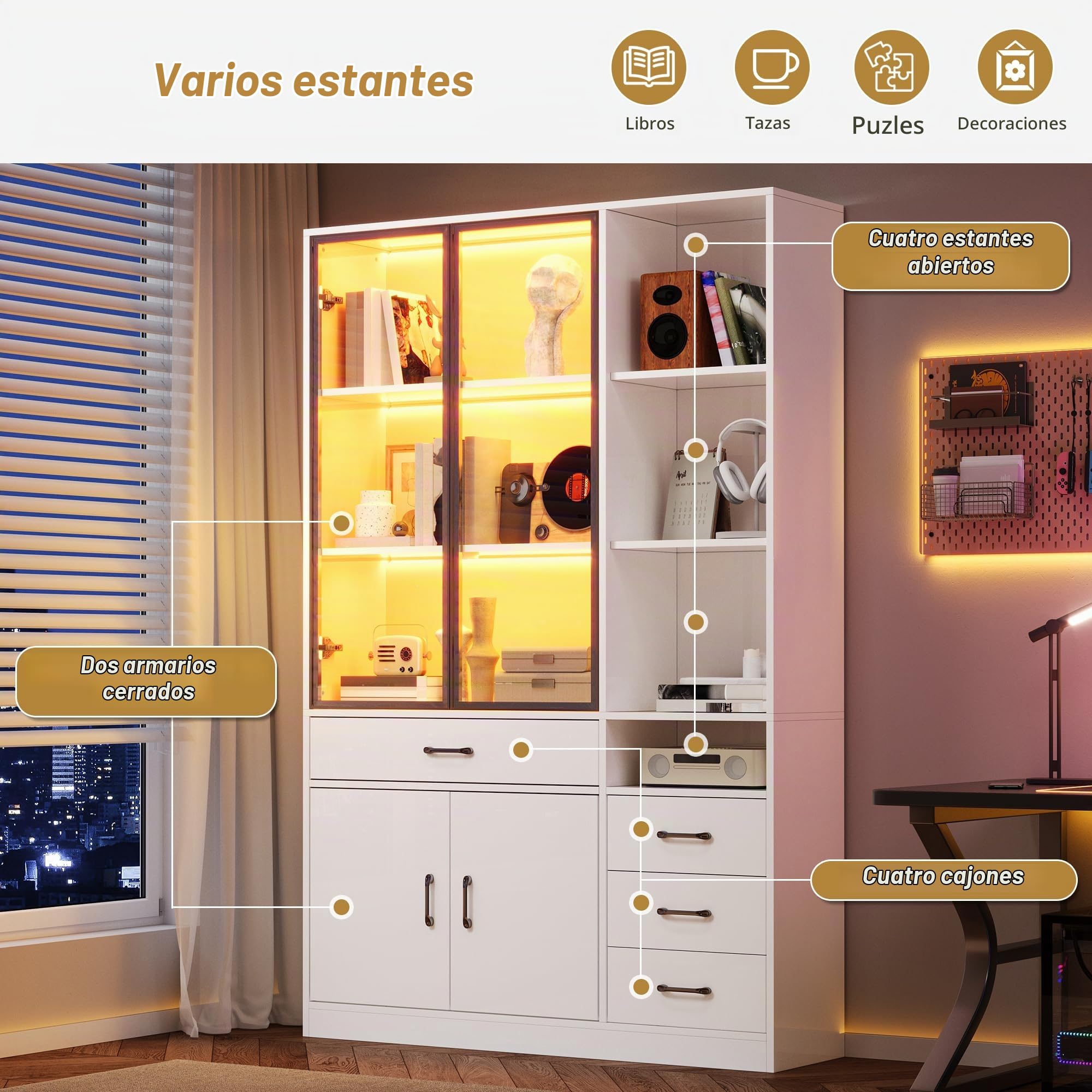 Kebnor Armario alto con vitrina de cristal y LED, estantería para libros con 13 zonas de almacenamiento, 4 cajones y puertas, armarios de almacenamiento, armarios de almacenamiento, adecuado para