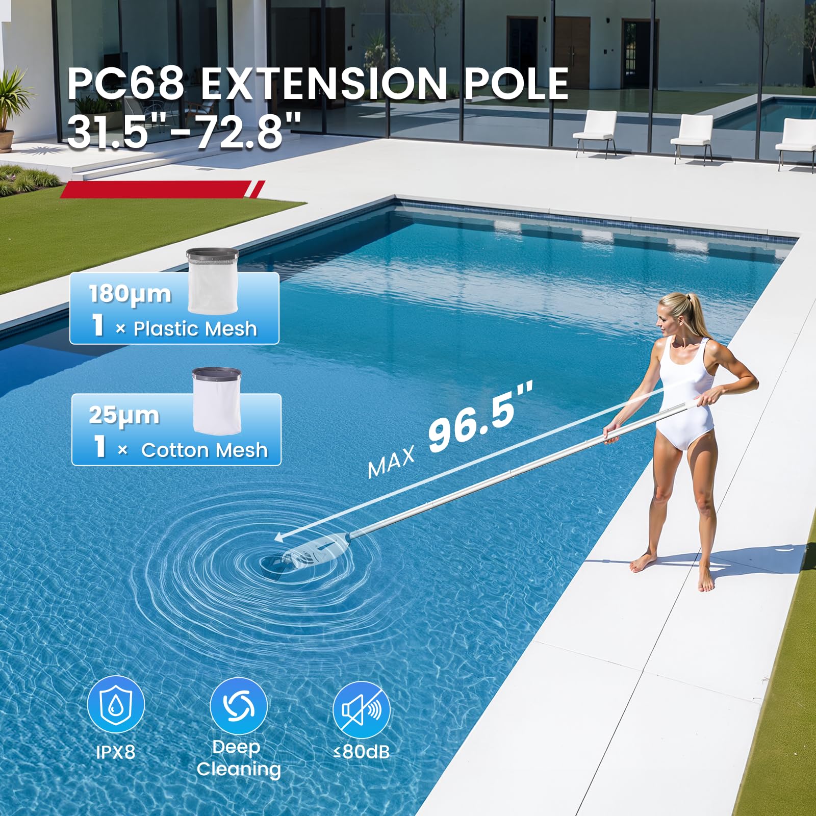 ENHULK Aspiradora inalámbrica para piscina con poste de extensión de 6 pies, potente succión mejorada de 26.5 galones/min, 2 unidades de filtro, tiempo de funcionamiento de 1 hora, limpiador de