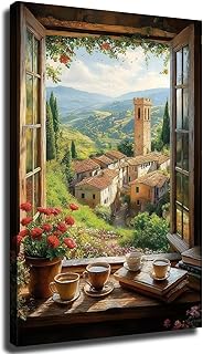 Tuscany Window View Canvas Wall Art, Rustic Italian Countryside Landscap...