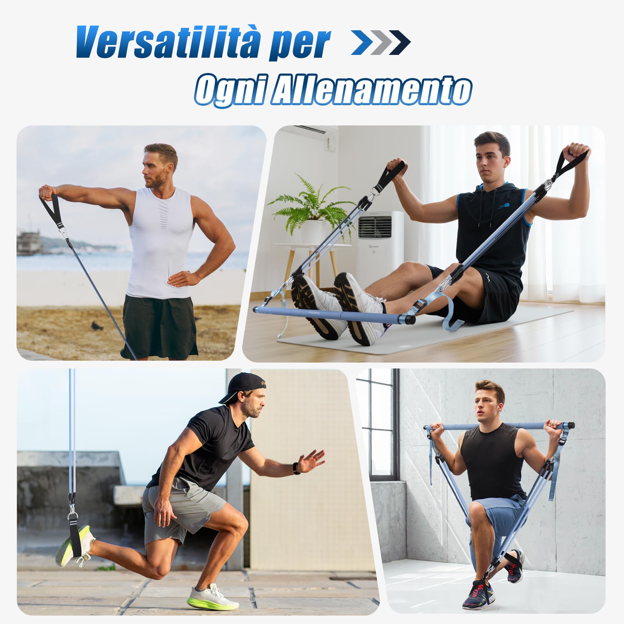 ALongSong Barra per Pilates, Barra di Elastici Fitness con 4/6 Elastico in Lattice Naturale 50-360 o 30-240 o 30-140 o 20-180Lbs e Video di Esercizi, Adatto All’allenamento in Famiglia