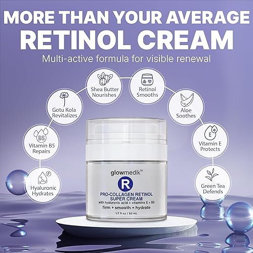 Miniatura 2 de Glowmedik Pro-Collagen Retinol Super Cream con ácido hialurónico, vitamina E y aloe Anti envejecimiento + hidratante facial para líneas finas, tono