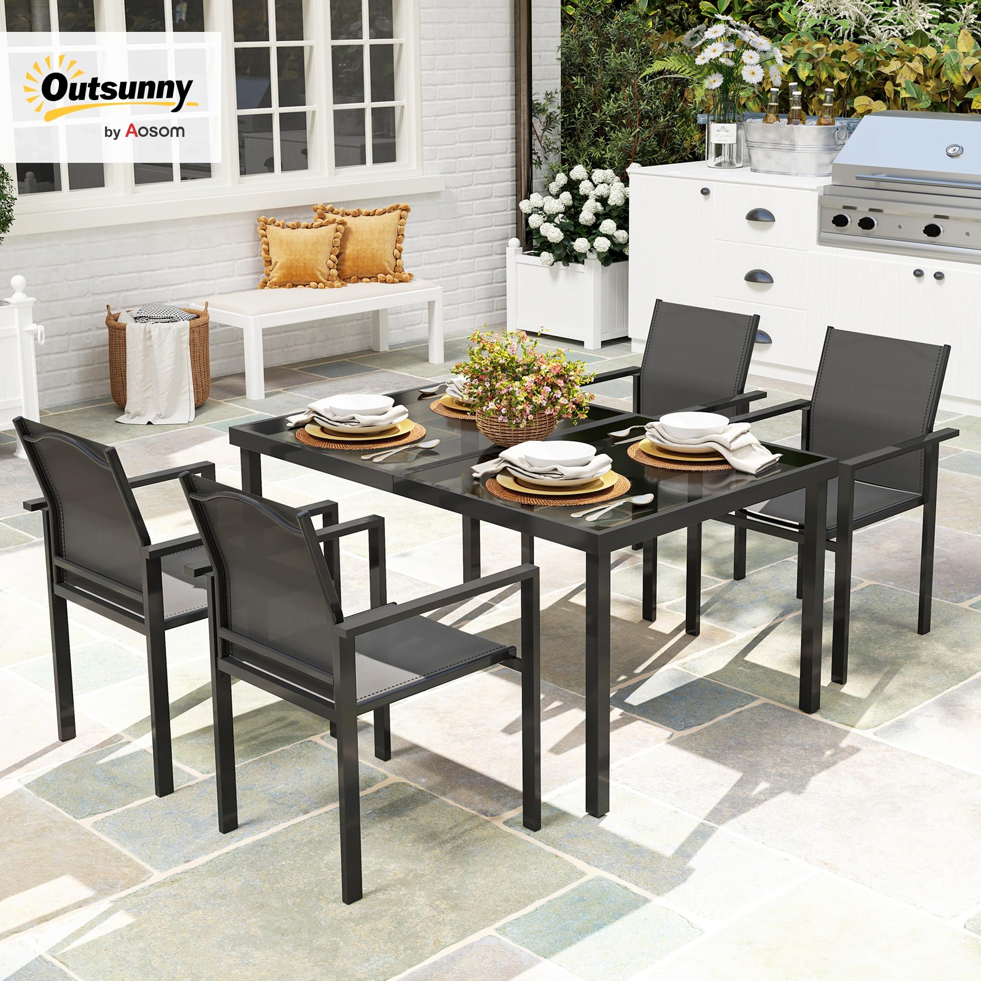 Outsunny Salon de Jardin extérieur 4 Personnes, Table de Jardin extérieure avec 4 chaises empilables, Plateau en Verre trempé 140 cm, mobilier de Jardin, terrasse, Porche, Noir