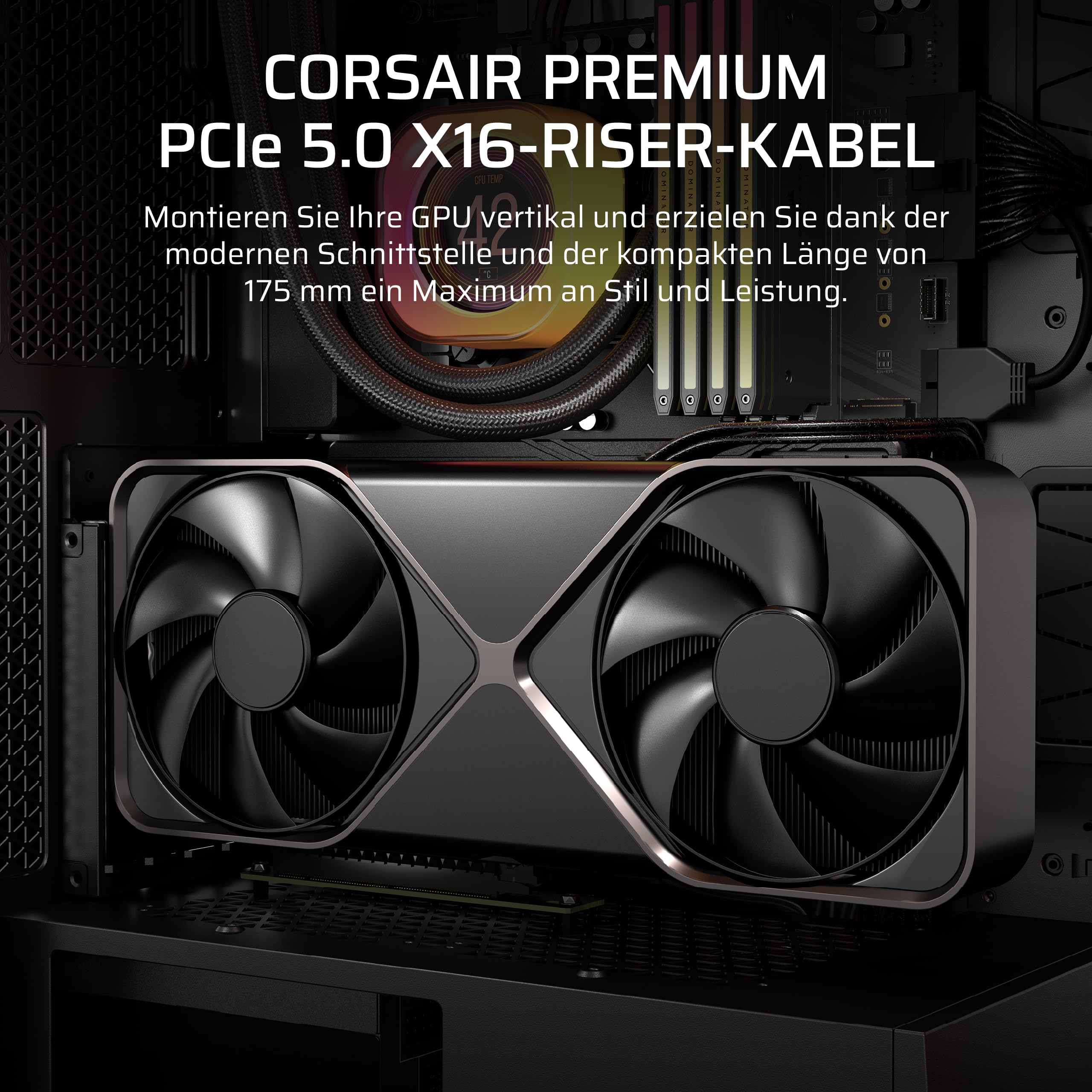 Corsair Premium PCIe 5.0 x16 175mm Riser-Kabel – Schwarz | Ultraflexibles, Langlebig