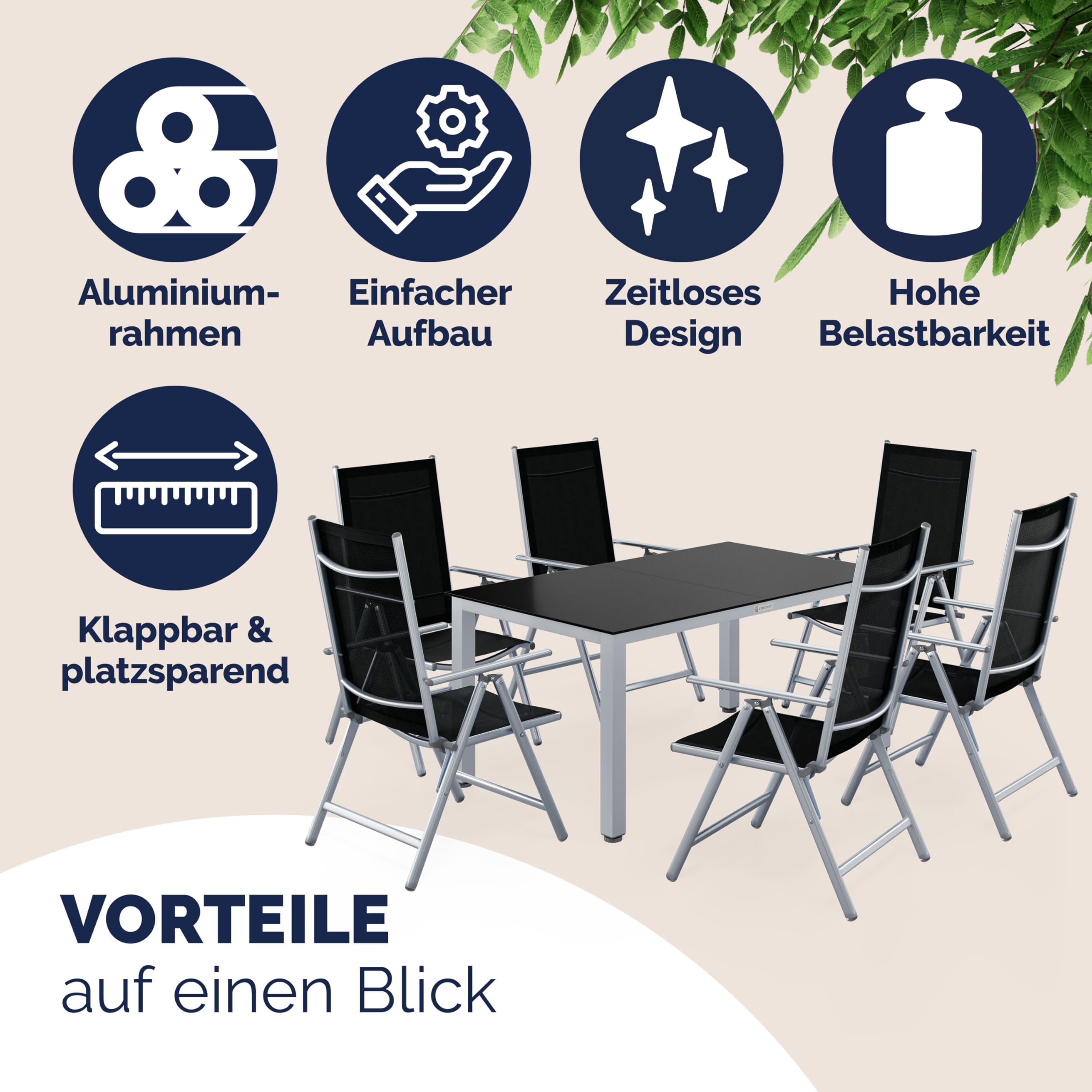 Casaria® Gartenmöbel Set 6 Stühle mit Tisch 150x90cm Aluminium Sicherheitsglas Wetterfest Klappbar Modern Terrasse Balkon Möbel Sitzgruppe Garnitur Bern