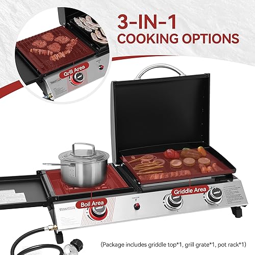 Miniatura 10 de Royal Gourmet PD1305H - Combo de parrilla y plancha de gas propano de 3 quemadores con tapa, combo de parrilla 3 en 1 con salida de 29,000 BTU para