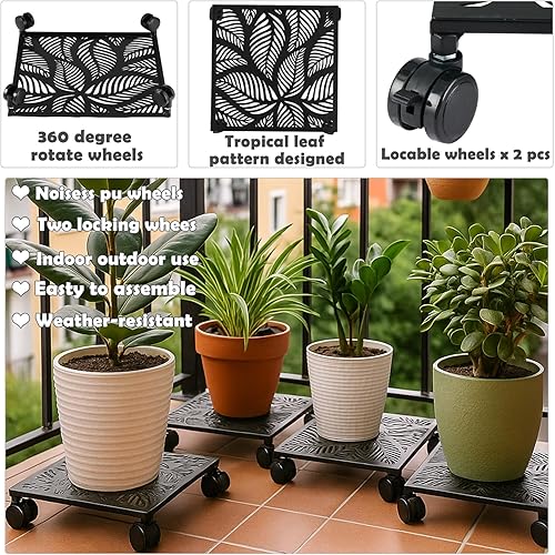 Miniatura 3 de Paquete de 2 cestas cuadradas de metal de 12 pulgadas con ruedas, soporte grande para plantas rodantes para interiores y exteriores, carrito con