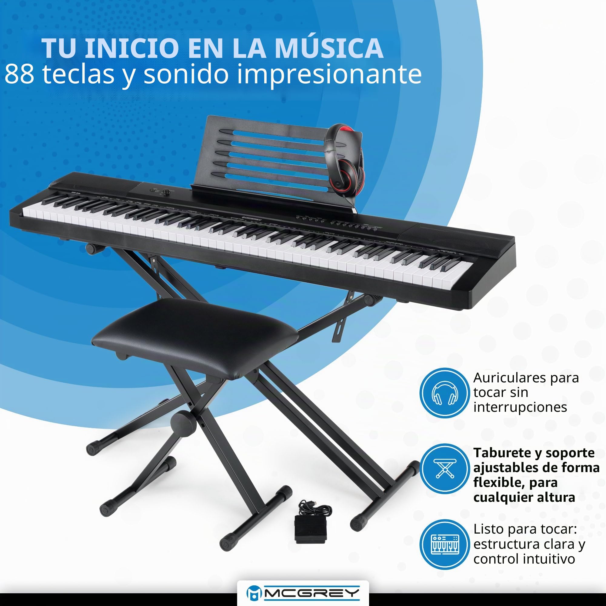 McGrey SK-88 piano digital super kit - Teclado electrònico de nivel básico con aspecto de piano de escenario y 88 teclas - 146 sonidos - incluye pedal, soporte, taburete y auriculares - Negro