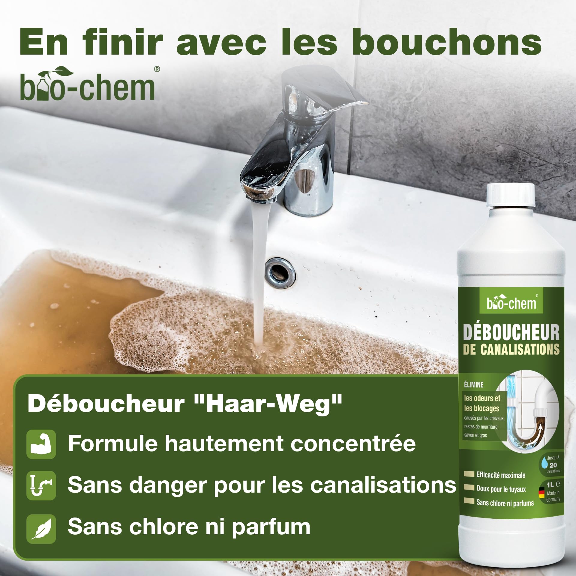 bio-chem Set de 3 nettoyants pour salle de bain, douches, WC | Déboucheur de canalisation 1L - Décapant urine et calcaire 1L - Produit surfaces de salle de bain 750ml