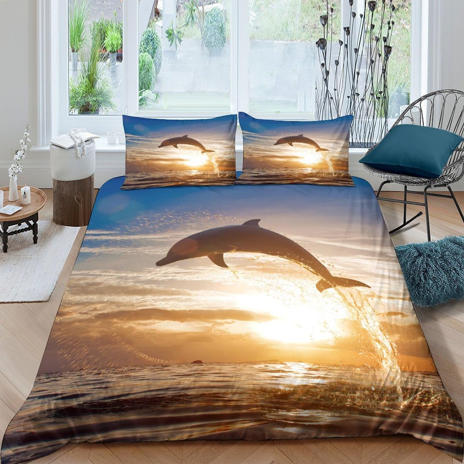 Ctjqhvkz Style-8 3D Printed Dolphin Sunset Fitted Sheet Microfiber Soft Ocean Mattress Cover For Bedroom Guest Room Decor Single（135X200cm）