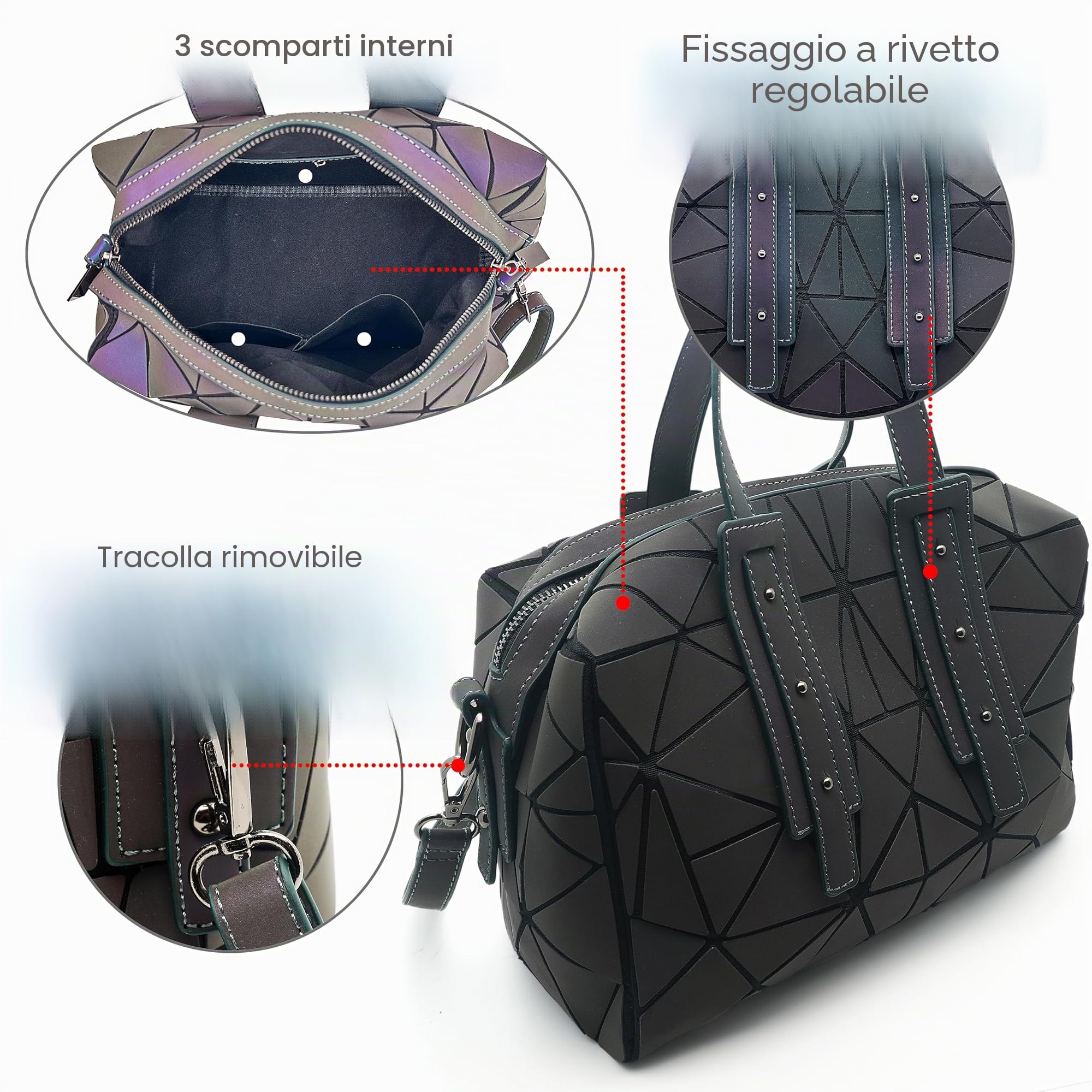 Borsa geometrica per le donne, borse e borse geometriche luminose, borse geometriche e borsa a tracolla olografica