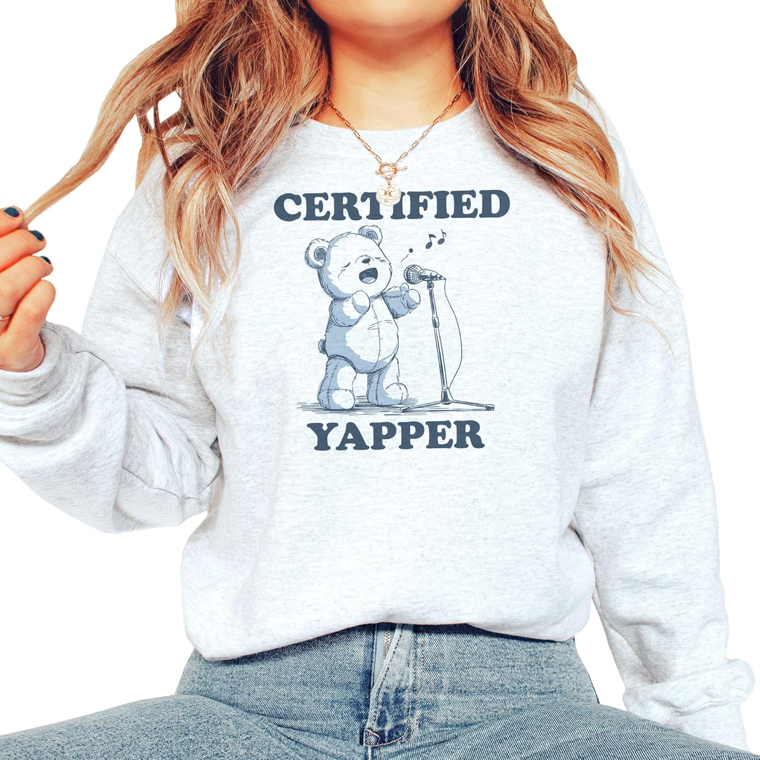 Certified Yapper Sweatshirt - Funny Trendy Bear Meme Shirt - Sarcastic Extrovert Pullover - Unisex Graphic Crewneck Sweatshirt Sand