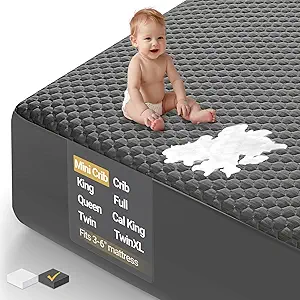 OhGeni Waterproof Mattress Protector, Mini Crib-Gray, Fitted Sheet with Stretchable Pockets, Deep Sleep Noiseless Soft. Breathable Cooling Hypoallergenic Material, Mattresses Cover for Bed