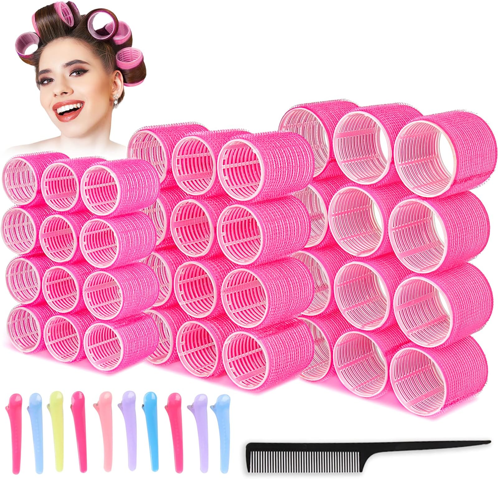 Velcro Jumbo Rollers Set for Volume and Curls - 47Pcs with 3 Sizes (Large, Medium, Small), Roller Clips, and Comb for All Hair Types and Lengths
